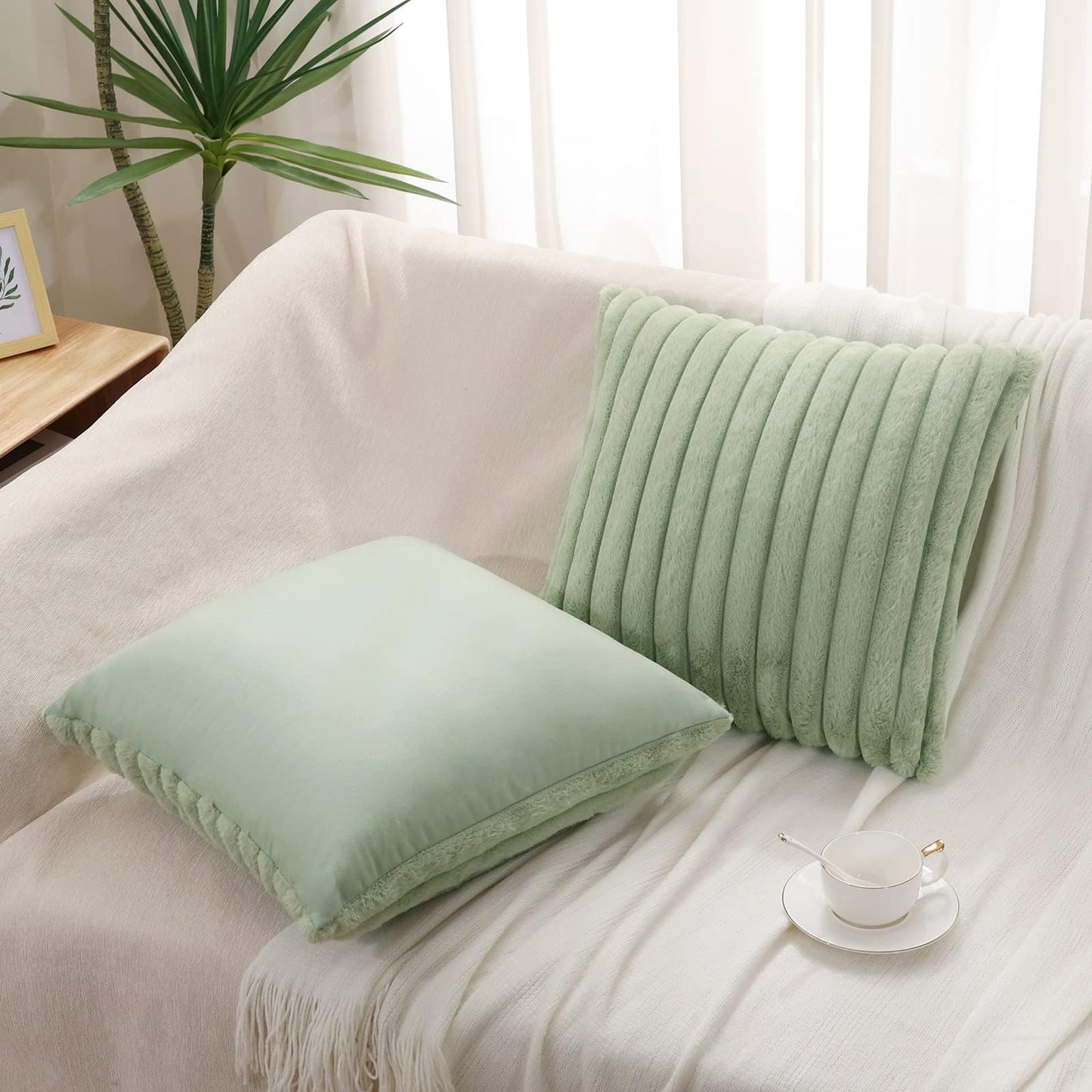 Pallene Faux Fur Plush Christmas Throw Pillow Covers 18x18 Set of 2 - Luxury Soft Fluffy Striped Decorative Pillow Covers for Sofa, Couch, Living Room - Cream White