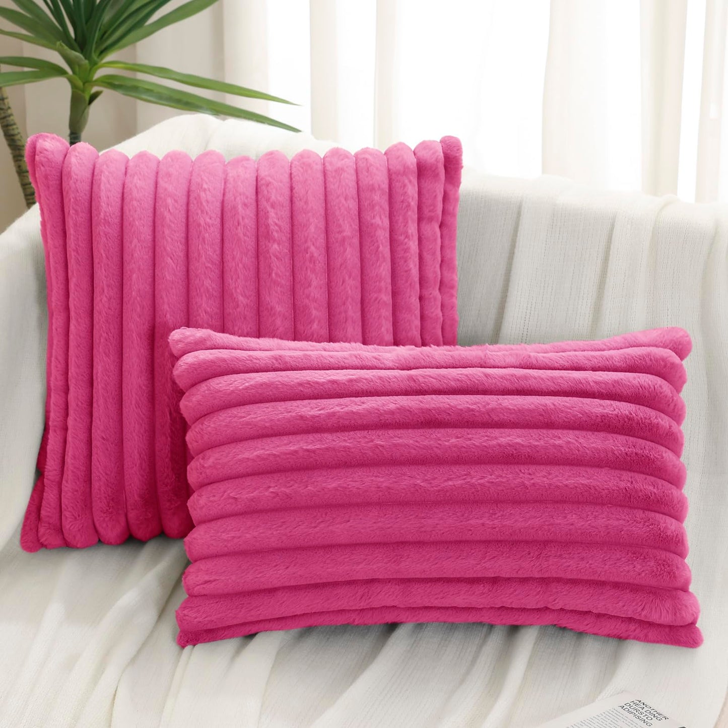 Pallene Faux Fur Plush Christmas Throw Pillow Covers 18x18 Set of 2 - Luxury Soft Fluffy Striped Decorative Pillow Covers for Sofa, Couch, Living Room - Cream White