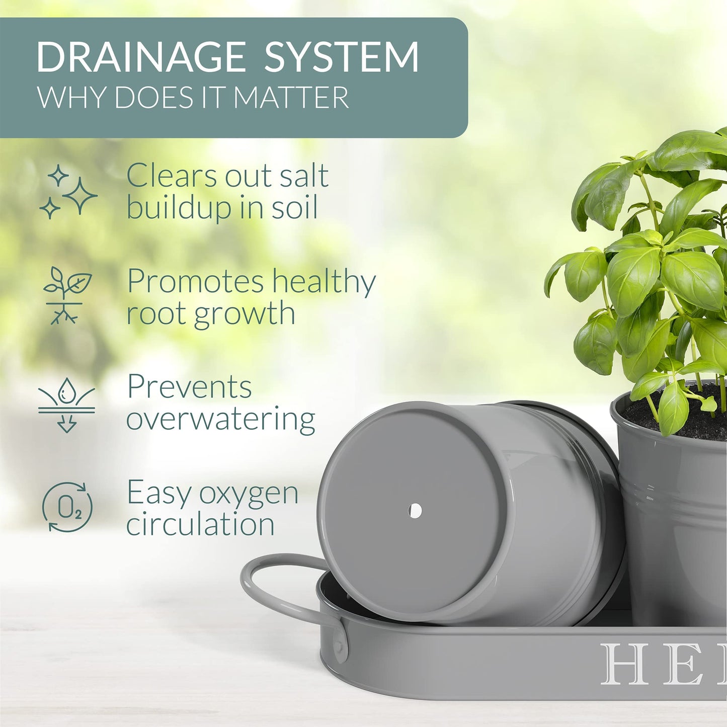 Barnyard Designs Indoor Herb Garden Planter Set with Tray, Metal Windowsill Plant Pots with Drainage for Outdoor or Indoor Plants, Set/3 (Soft Mint)