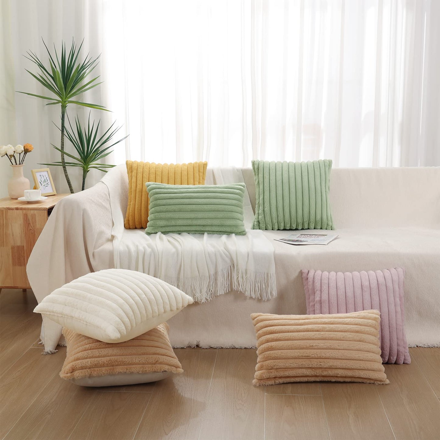 Pallene Faux Fur Plush Christmas Throw Pillow Covers 18x18 Set of 2 - Luxury Soft Fluffy Striped Decorative Pillow Covers for Sofa, Couch, Living Room - Cream White