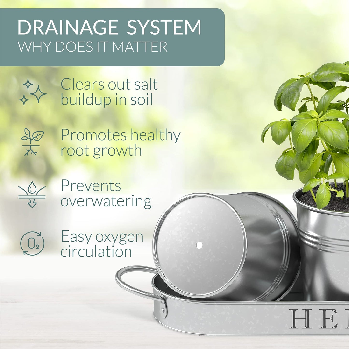 Barnyard Designs Indoor Herb Garden Planter Set with Tray, Metal Windowsill Plant Pots with Drainage for Outdoor or Indoor Plants, Set/3 (Soft Mint)