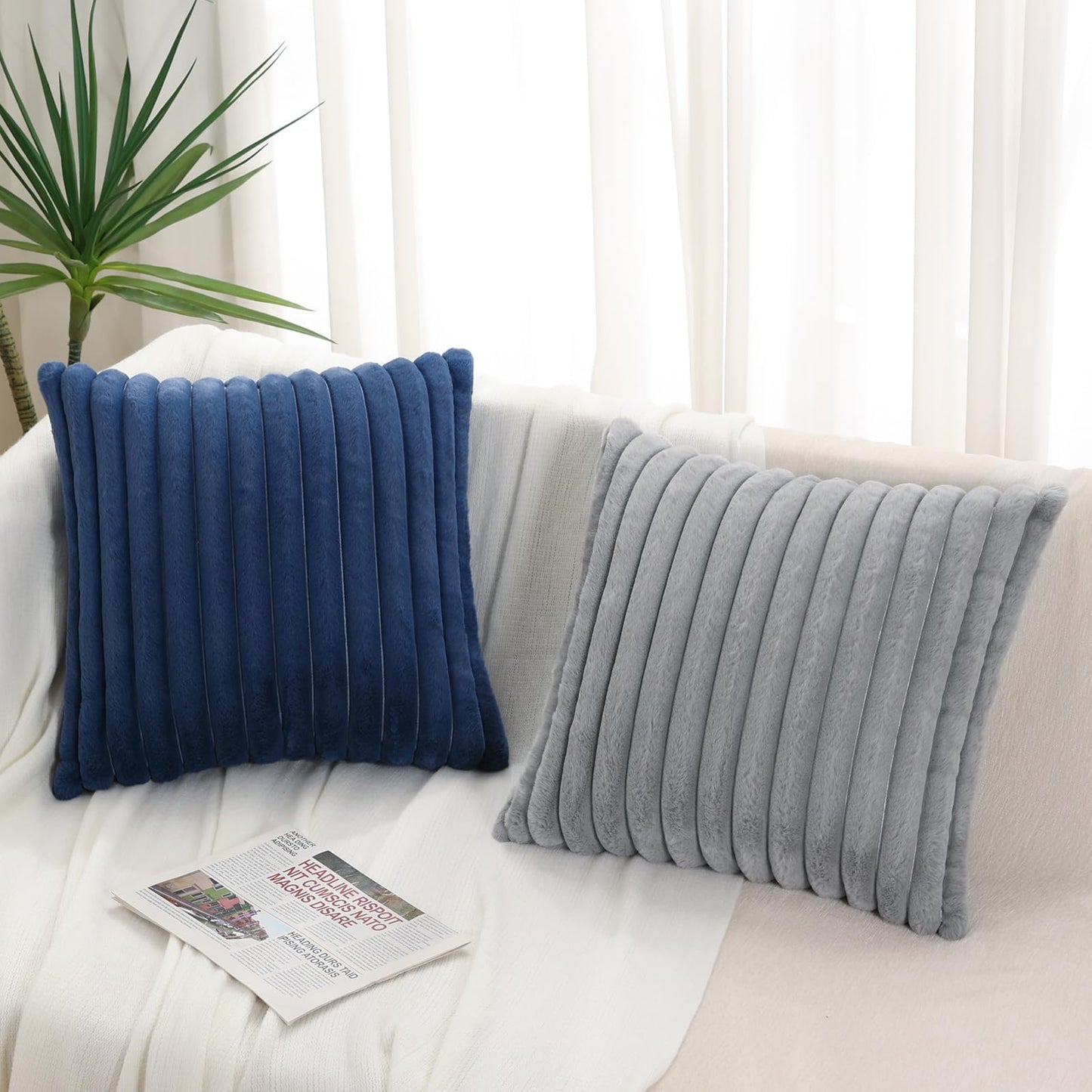 Pallene Faux Fur Plush Christmas Throw Pillow Covers 18x18 Set of 2 - Luxury Soft Fluffy Striped Decorative Pillow Covers for Sofa, Couch, Living Room - Cream White