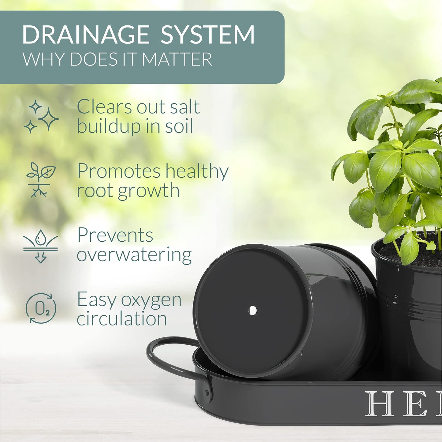 Barnyard Designs Indoor Herb Garden Planter Set with Tray, Metal Windowsill Plant Pots with Drainage for Outdoor or Indoor Plants, Set/3 (Soft Mint)