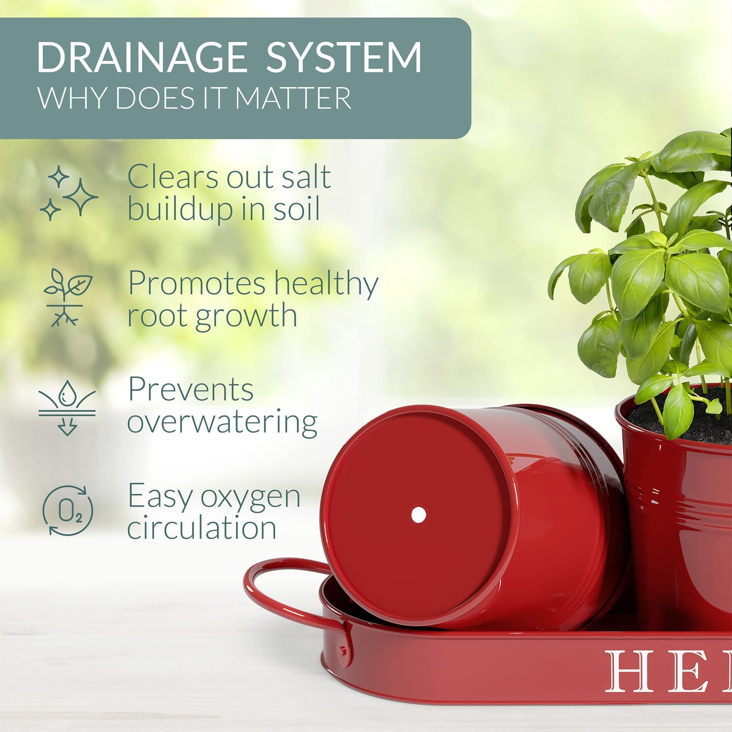 Barnyard Designs Indoor Herb Garden Planter Set with Tray, Metal Windowsill Plant Pots with Drainage for Outdoor or Indoor Plants, Set/3 (Soft Mint)