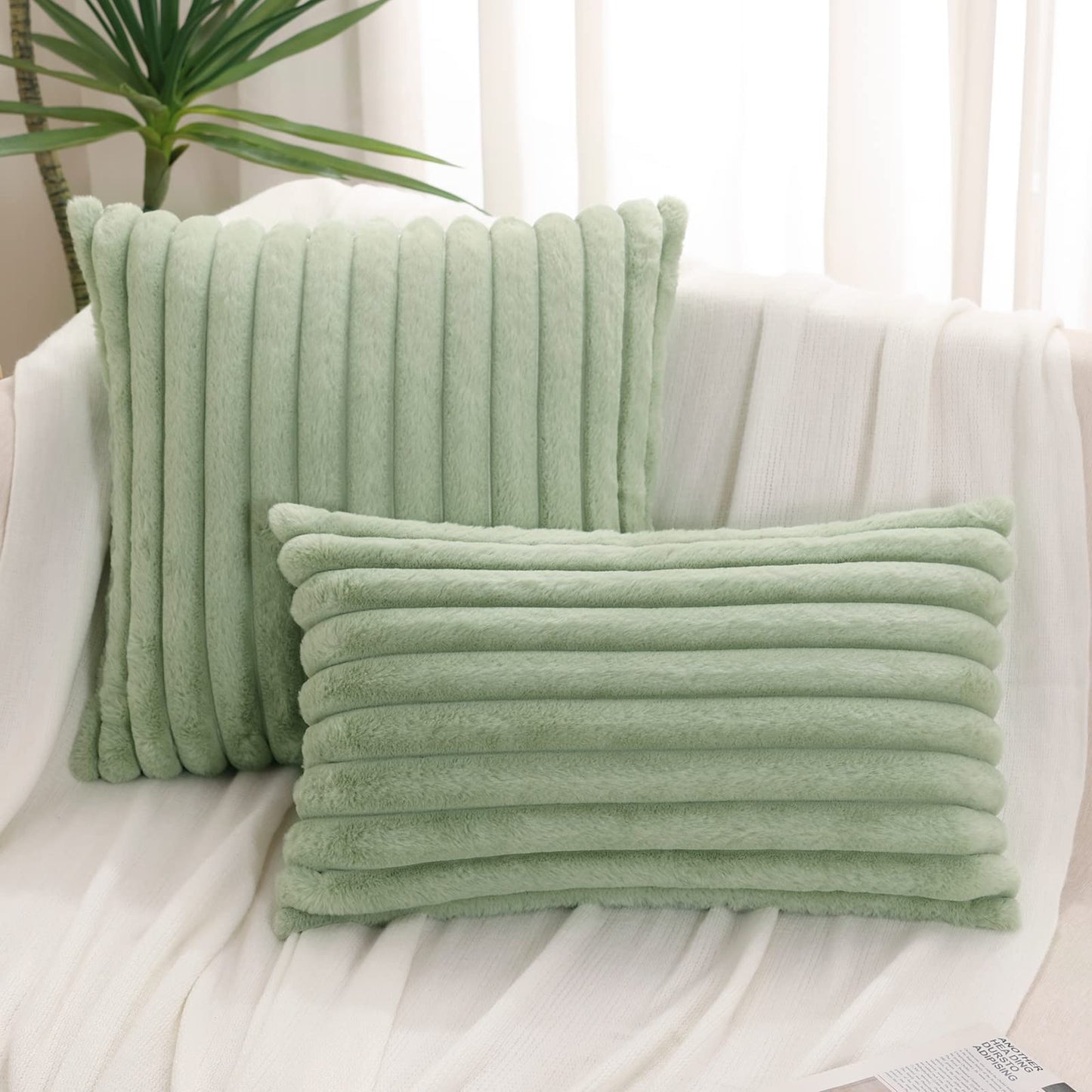 Pallene Faux Fur Plush Christmas Throw Pillow Covers 18x18 Set of 2 - Luxury Soft Fluffy Striped Decorative Pillow Covers for Sofa, Couch, Living Room - Cream White