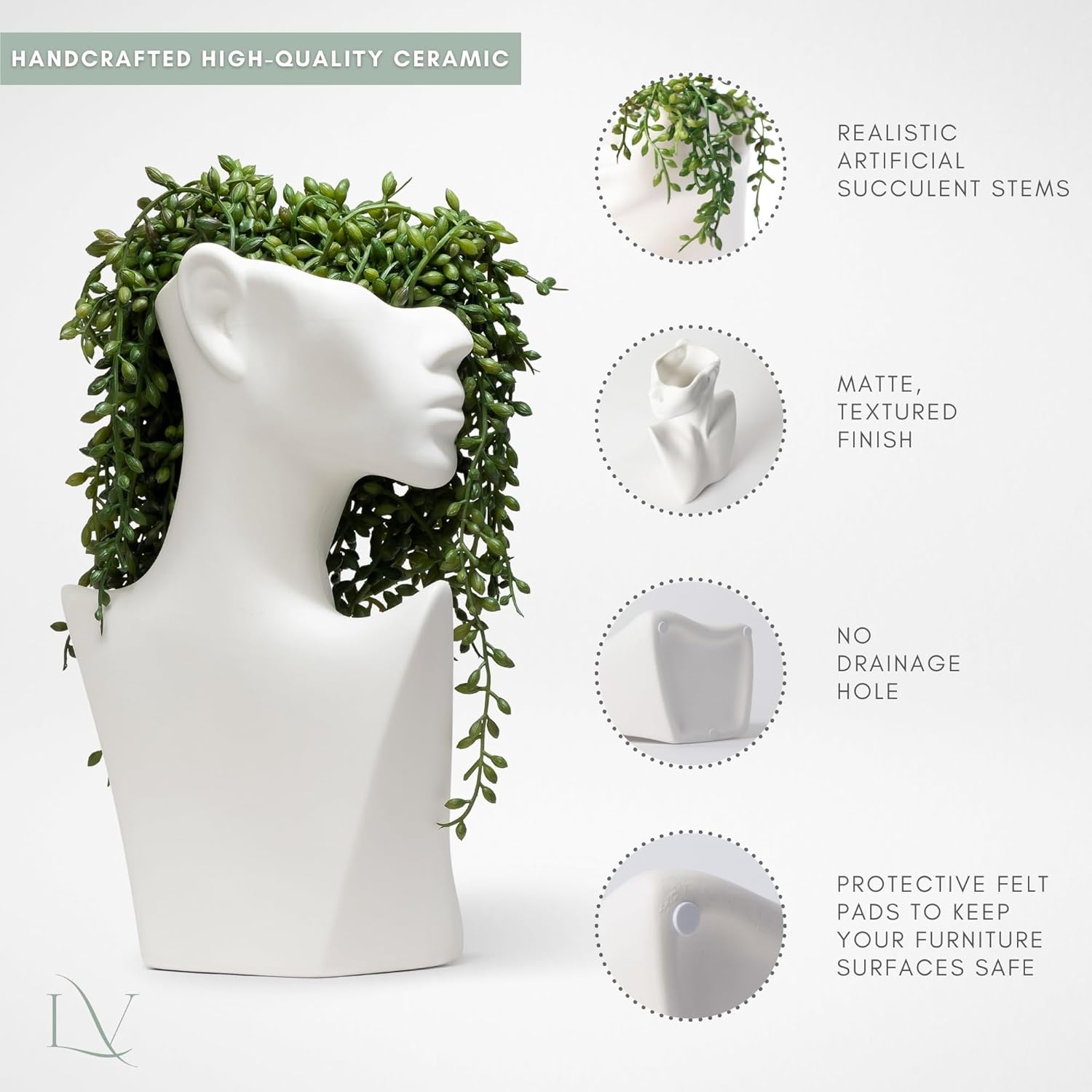 Face Vase with Faux String of Pearls Plant Gift Set, Head Vase Includes 4 Hanging Succulents Draping Greenery Branches for Centerpiece Table Decorations Table Office Shelf Living Room Decor