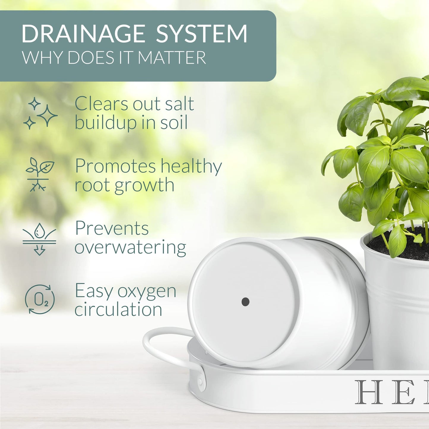 Barnyard Designs Indoor Herb Garden Planter Set with Tray, Metal Windowsill Plant Pots with Drainage for Outdoor or Indoor Plants, Set/3 (Soft Mint)