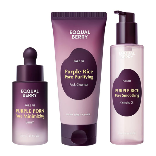 Purple Rice 3-Step Pore Care & Glass Skin Trio – Cleansing Oil, Pack Cleanser & Pore Minimizing Serum | Complete Korean Skincare for Double Cleansing, Pore Refining & Skin Prep