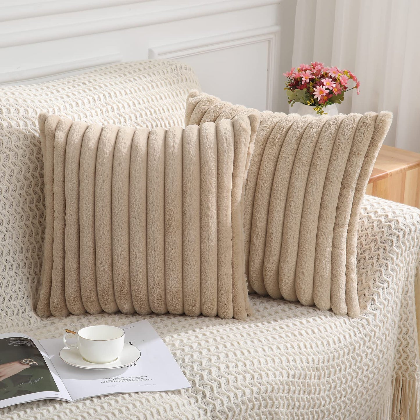 Pallene Faux Fur Plush Christmas Throw Pillow Covers 18x18 Set of 2 - Luxury Soft Fluffy Striped Decorative Pillow Covers for Sofa, Couch, Living Room - Cream White