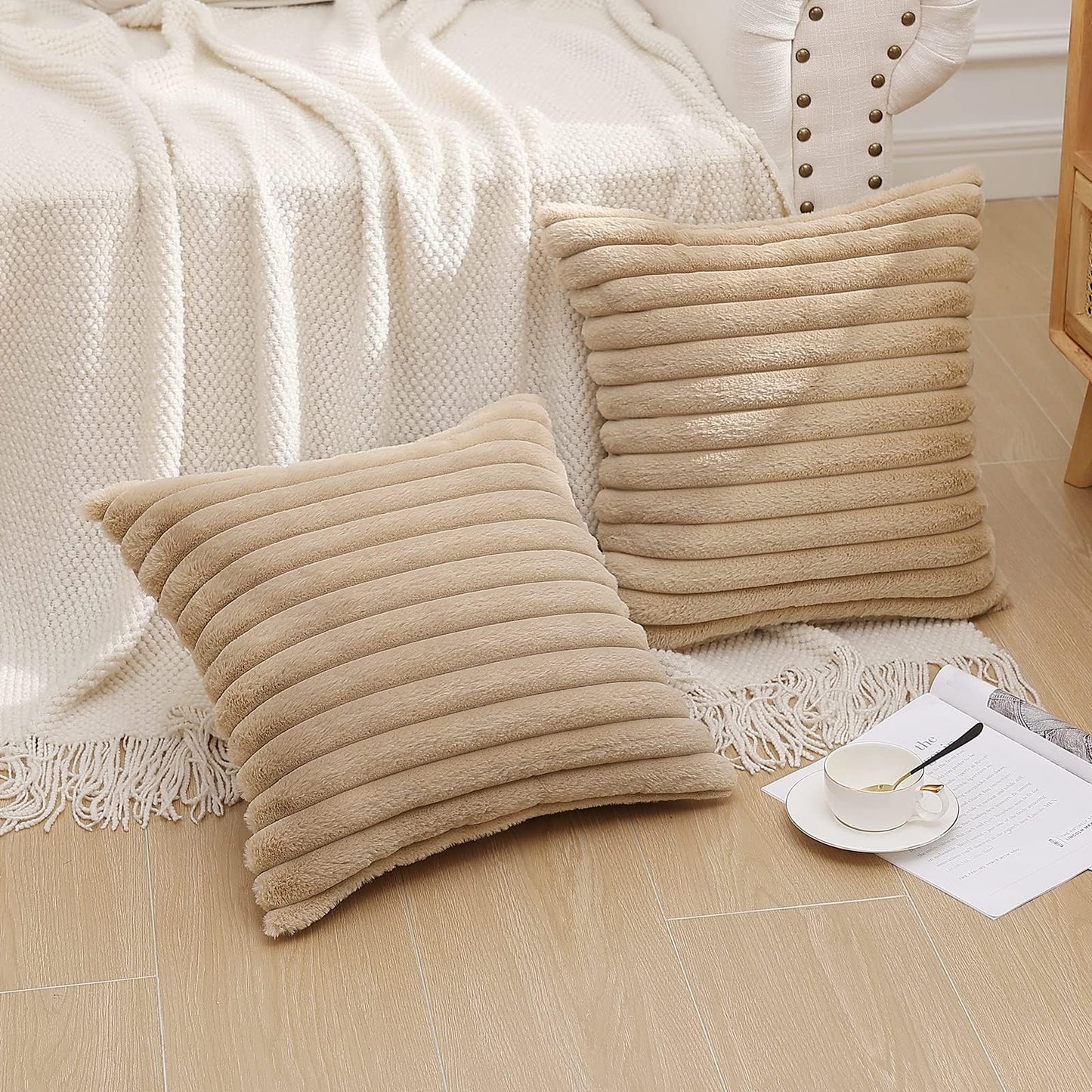 Pallene Faux Fur Plush Christmas Throw Pillow Covers 18x18 Set of 2 - Luxury Soft Fluffy Striped Decorative Pillow Covers for Sofa, Couch, Living Room - Cream White