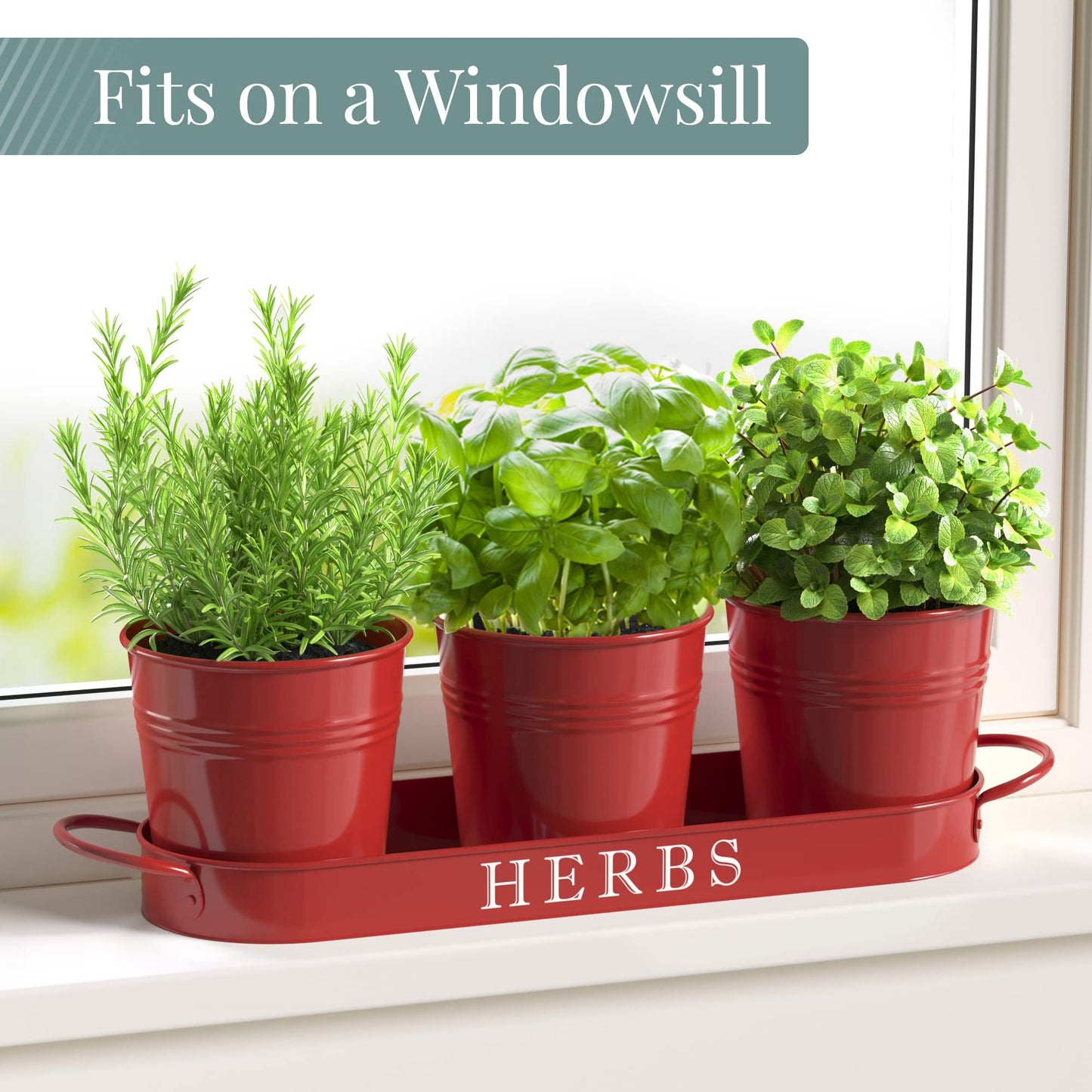 Barnyard Designs Indoor Herb Garden Planter Set with Tray, Metal Windowsill Plant Pots with Drainage for Outdoor or Indoor Plants, Set/3 (Soft Mint)