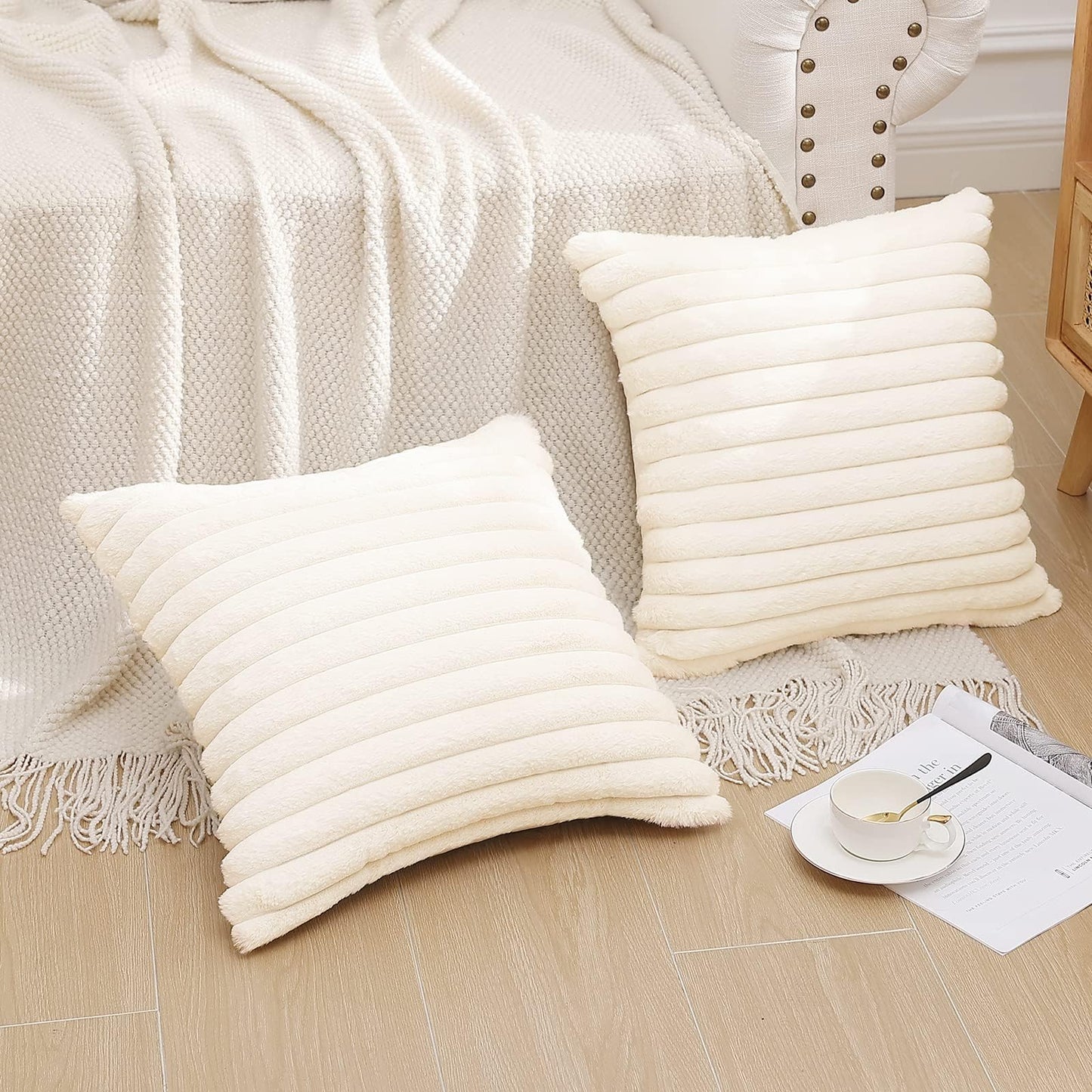 Pallene Faux Fur Plush Christmas Throw Pillow Covers 18x18 Set of 2 - Luxury Soft Fluffy Striped Decorative Pillow Covers for Sofa, Couch, Living Room - Cream White