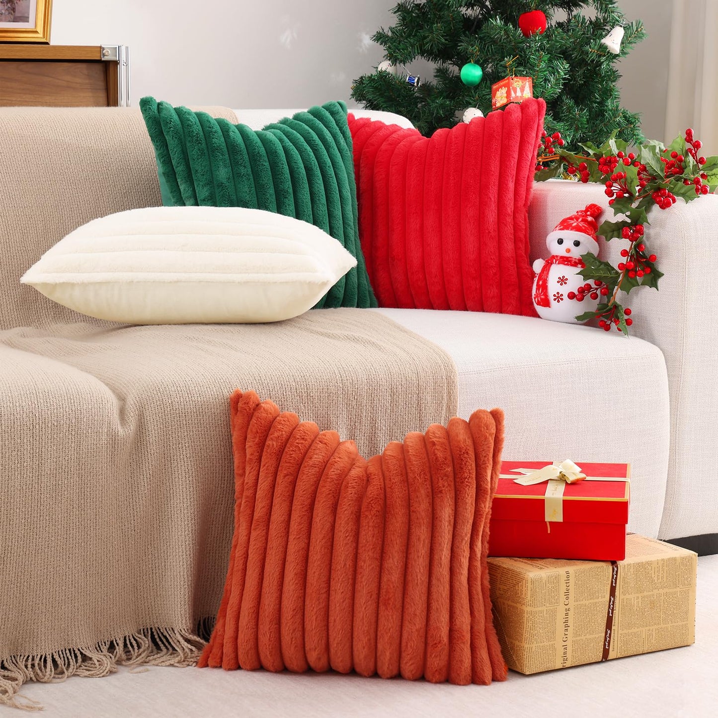 Pallene Faux Fur Plush Christmas Throw Pillow Covers 18x18 Set of 2 - Luxury Soft Fluffy Striped Decorative Pillow Covers for Sofa, Couch, Living Room - Cream White