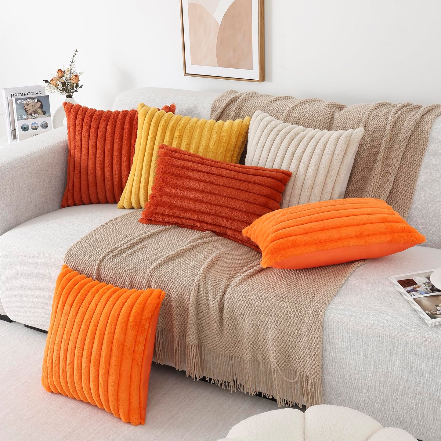 Pallene Faux Fur Plush Christmas Throw Pillow Covers 18x18 Set of 2 - Luxury Soft Fluffy Striped Decorative Pillow Covers for Sofa, Couch, Living Room - Cream White