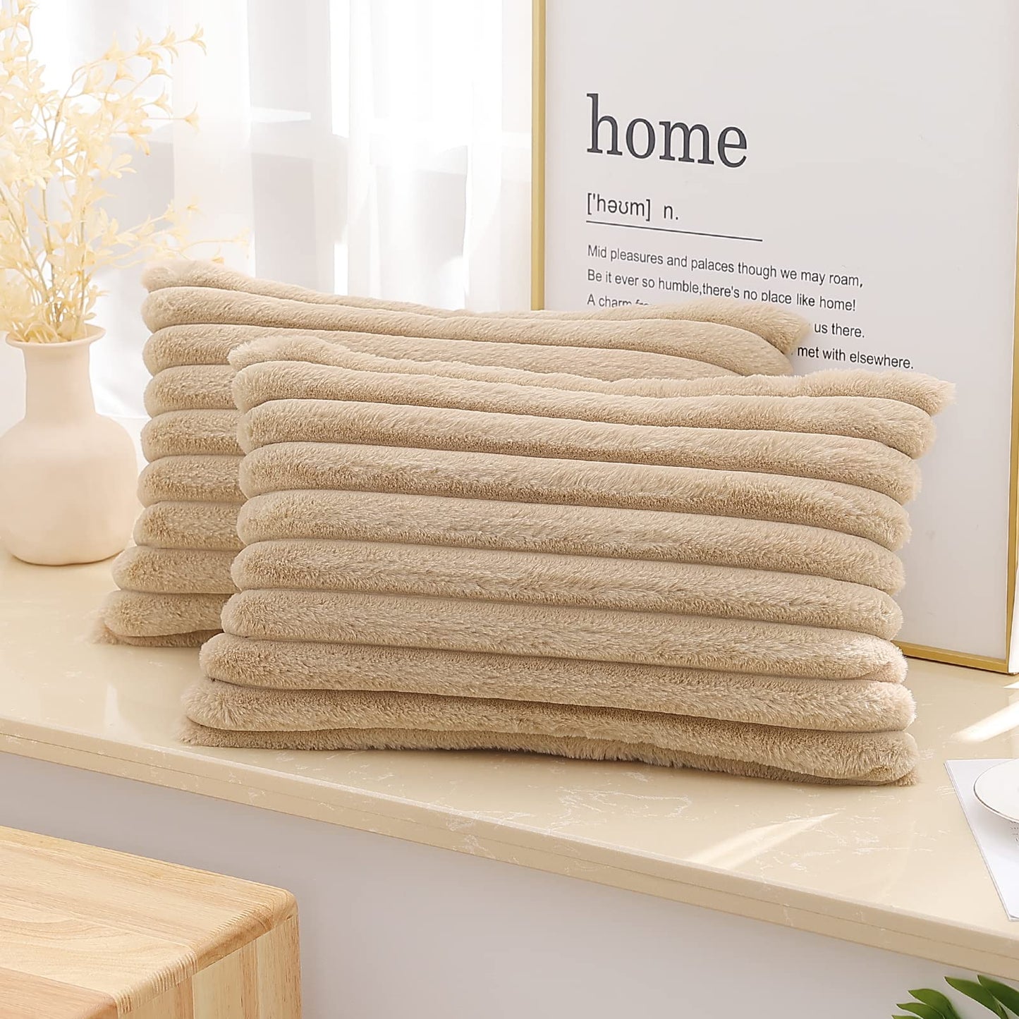 Pallene Faux Fur Plush Christmas Throw Pillow Covers 18x18 Set of 2 - Luxury Soft Fluffy Striped Decorative Pillow Covers for Sofa, Couch, Living Room - Cream White
