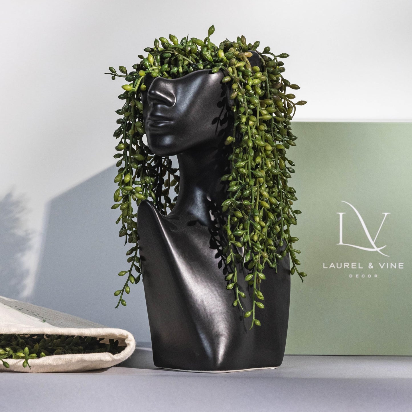 Face Vase with Faux String of Pearls Plant Gift Set, Head Vase Includes 4 Hanging Succulents Draping Greenery Branches for Centerpiece Table Decorations Table Office Shelf Living Room Decor