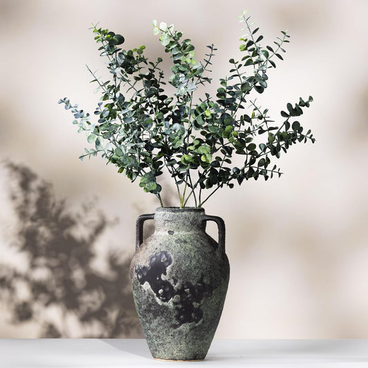 Rustic Ceramic Vase 12 Inch with 3 Artificial 22 Inch Eucalyptus Stems Antique Style for Home Decor, Vintage Inspired Vase with Greenery Stems Artificial Plants Decor in Gift Box for Room Decor