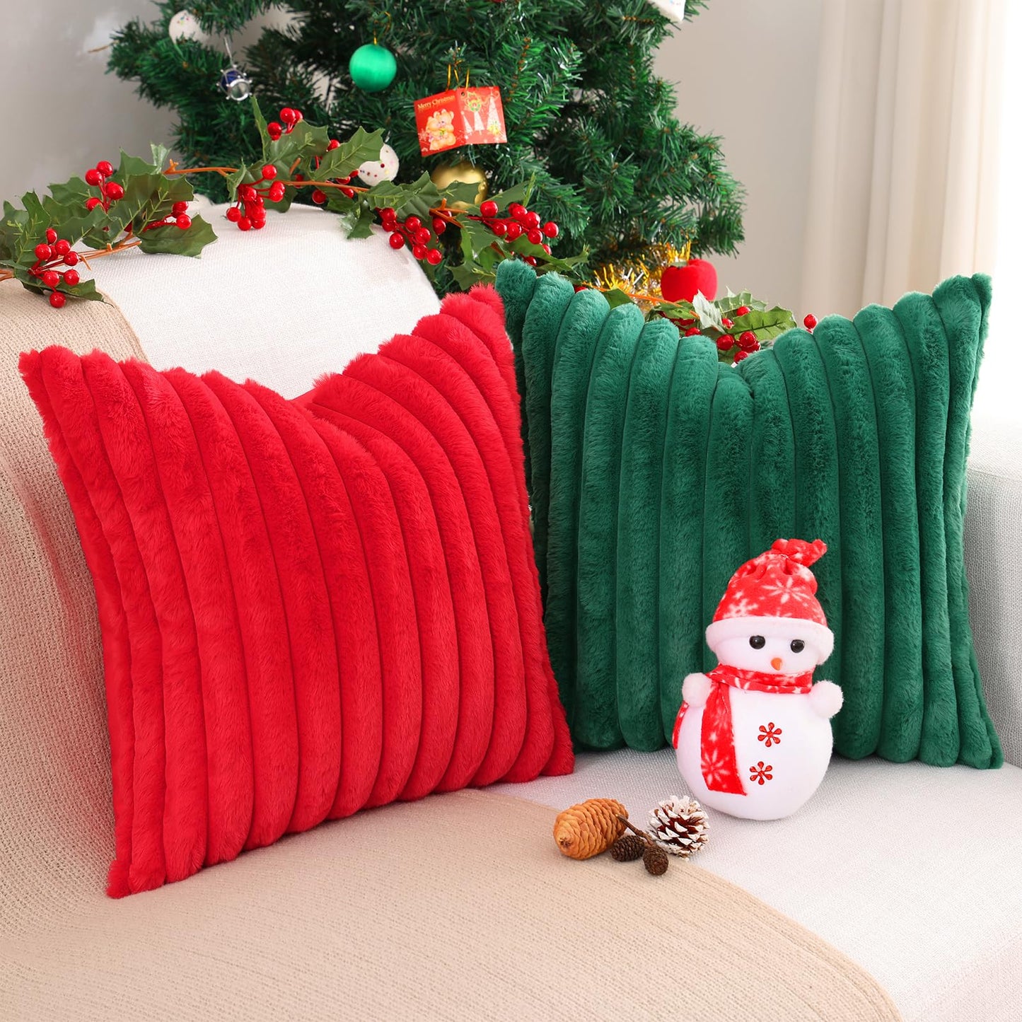 Pallene Faux Fur Plush Christmas Throw Pillow Covers 18x18 Set of 2 - Luxury Soft Fluffy Striped Decorative Pillow Covers for Sofa, Couch, Living Room - Cream White