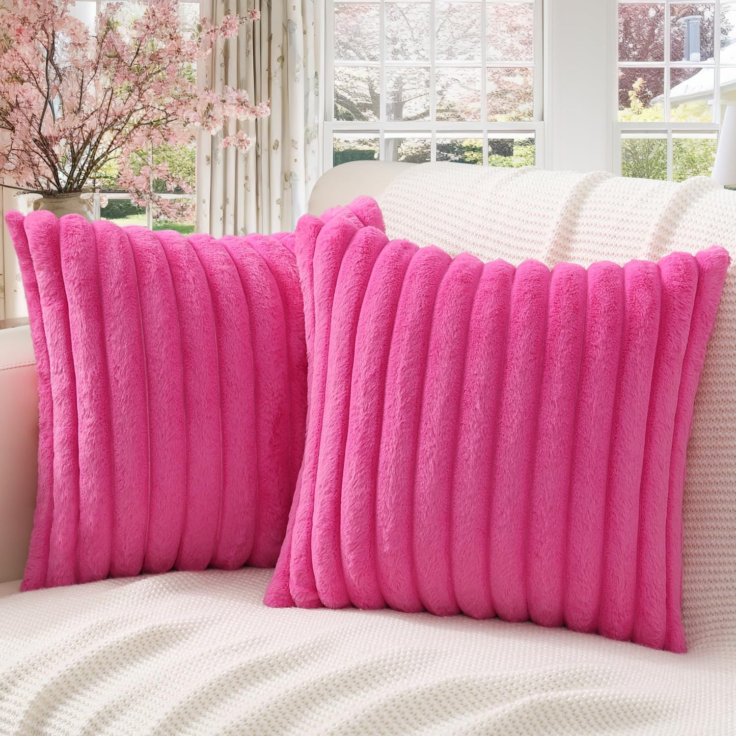 Pallene Faux Fur Plush Christmas Throw Pillow Covers 18x18 Set of 2 - Luxury Soft Fluffy Striped Decorative Pillow Covers for Sofa, Couch, Living Room - Cream White