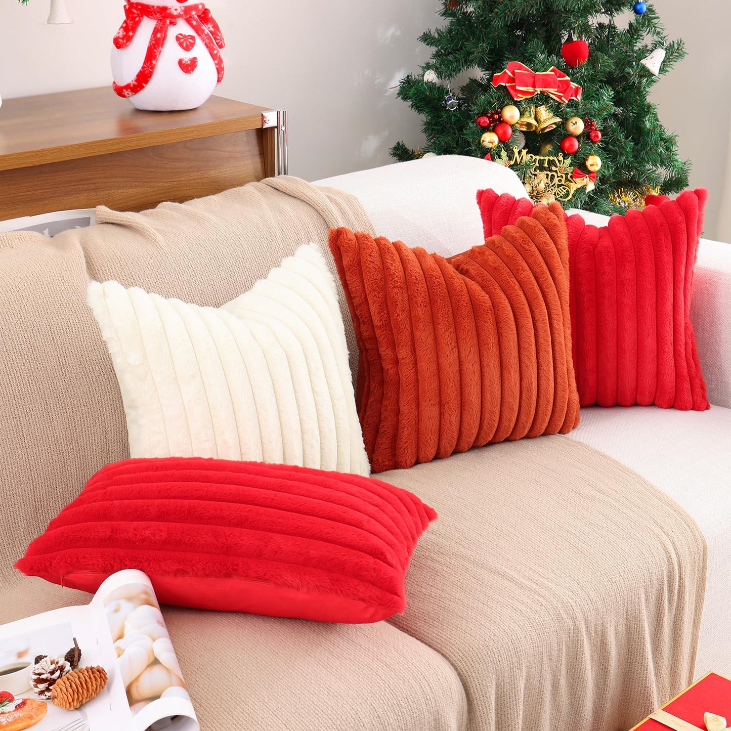 Pallene Faux Fur Plush Christmas Throw Pillow Covers 18x18 Set of 2 - Luxury Soft Fluffy Striped Decorative Pillow Covers for Sofa, Couch, Living Room - Cream White