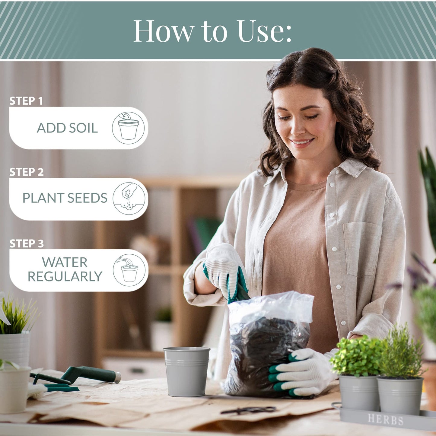 Barnyard Designs Indoor Herb Garden Planter Set with Tray, Metal Windowsill Plant Pots with Drainage for Outdoor or Indoor Plants, Set/3 (Soft Mint)