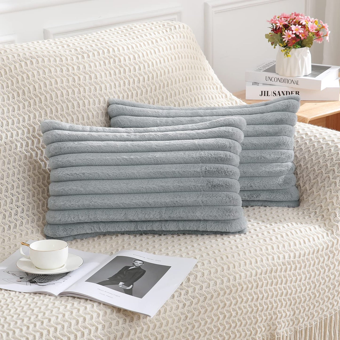 Pallene Faux Fur Plush Christmas Throw Pillow Covers 18x18 Set of 2 - Luxury Soft Fluffy Striped Decorative Pillow Covers for Sofa, Couch, Living Room - Cream White