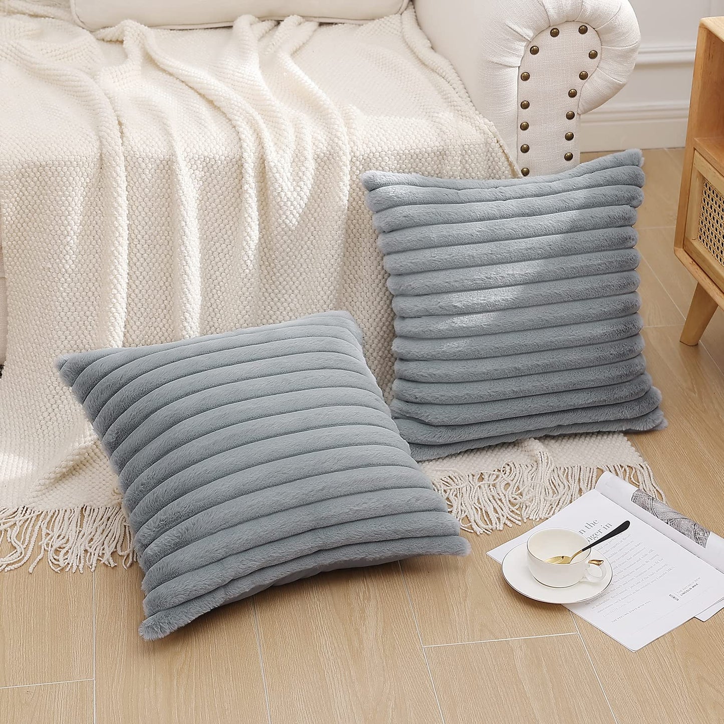 Pallene Faux Fur Plush Christmas Throw Pillow Covers 18x18 Set of 2 - Luxury Soft Fluffy Striped Decorative Pillow Covers for Sofa, Couch, Living Room - Cream White