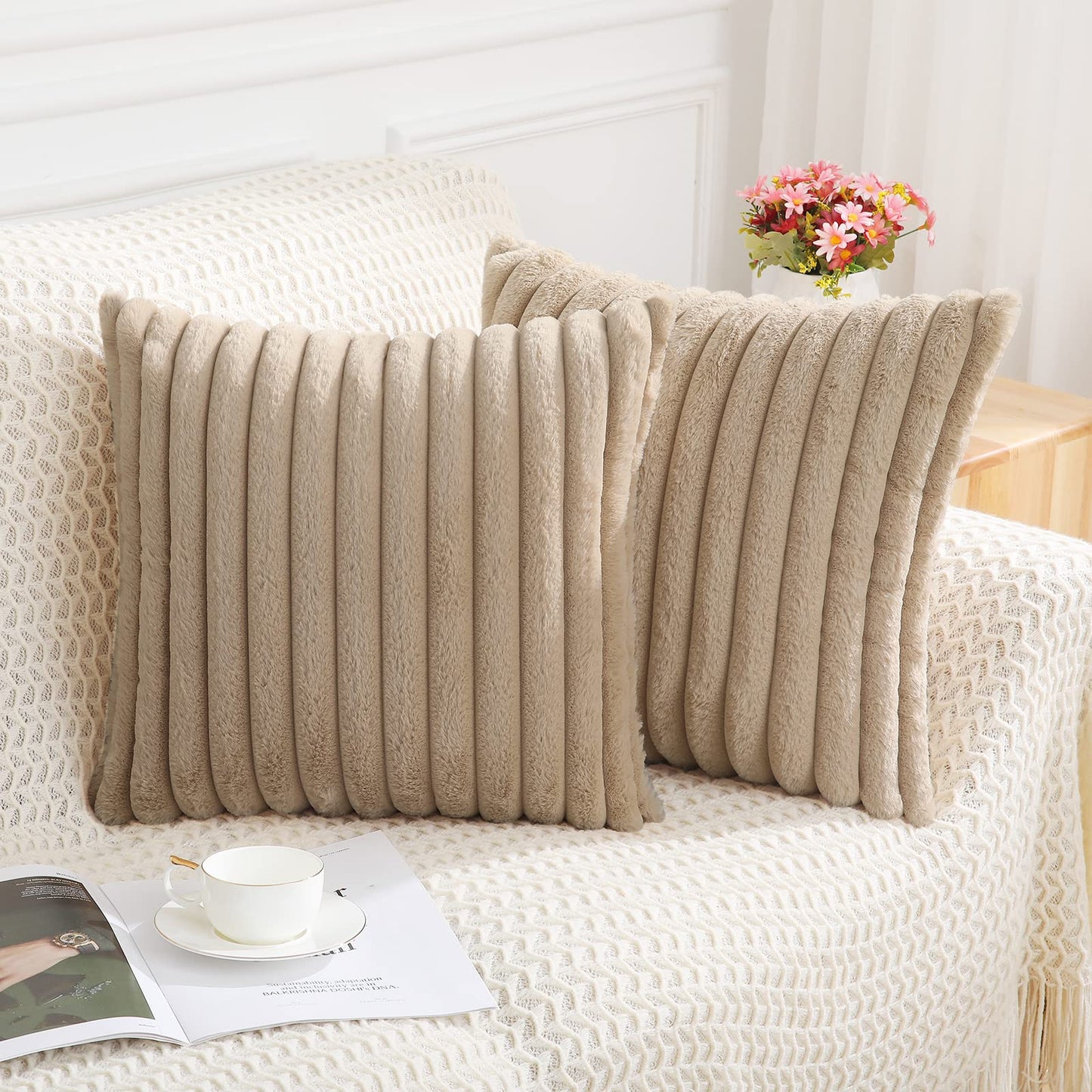 Pallene Faux Fur Plush Christmas Throw Pillow Covers 18x18 Set of 2 - Luxury Soft Fluffy Striped Decorative Pillow Covers for Sofa, Couch, Living Room - Cream White