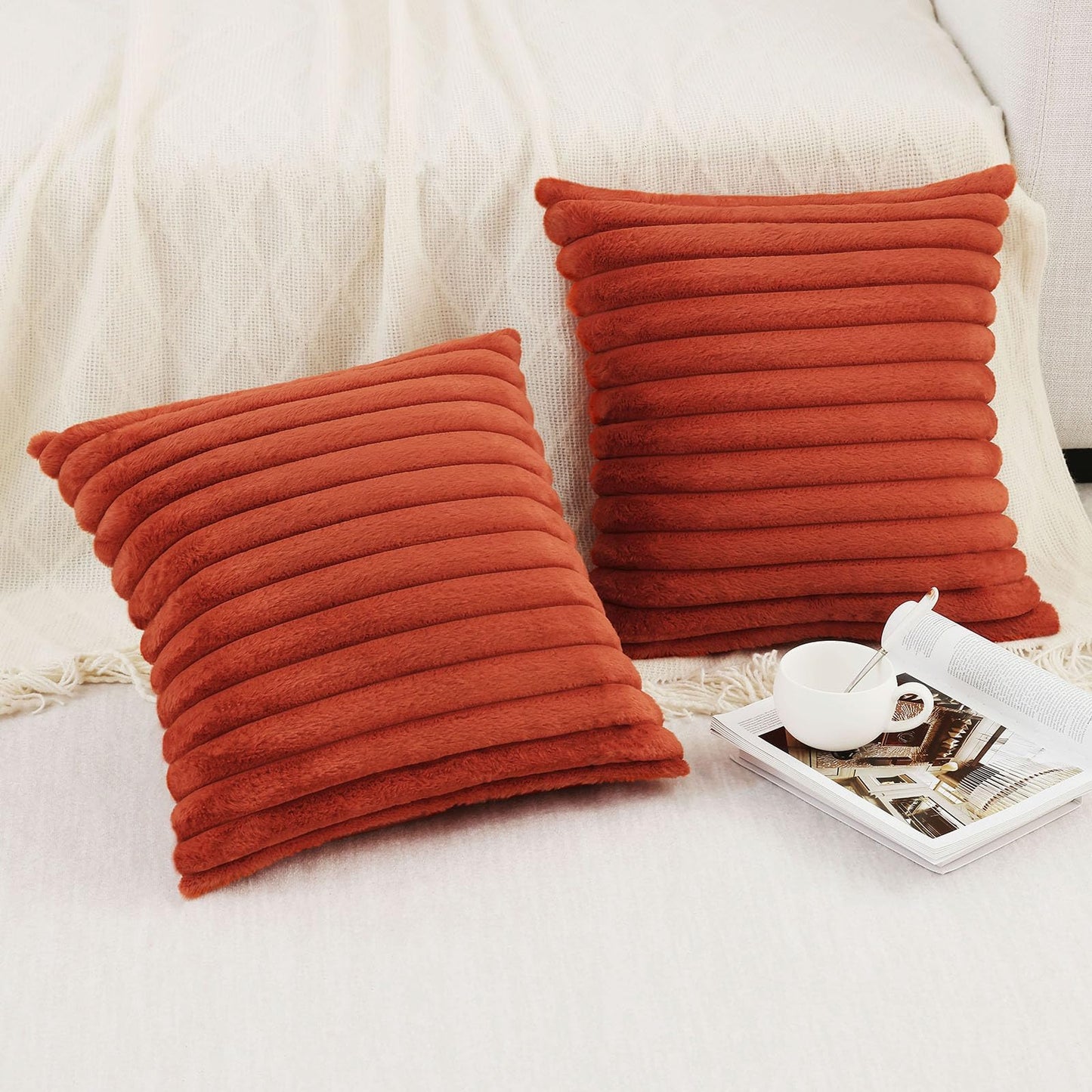 Pallene Faux Fur Plush Christmas Throw Pillow Covers 18x18 Set of 2 - Luxury Soft Fluffy Striped Decorative Pillow Covers for Sofa, Couch, Living Room - Cream White