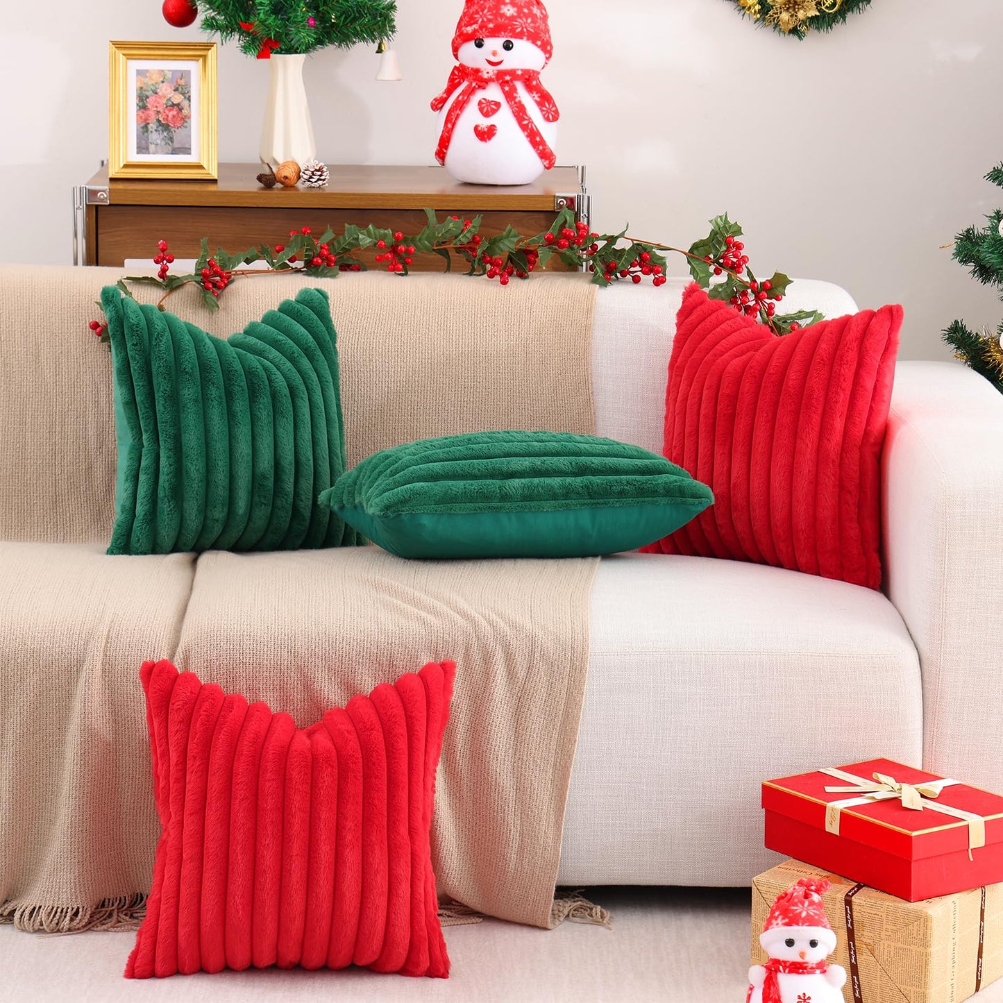 Pallene Faux Fur Plush Christmas Throw Pillow Covers 18x18 Set of 2 - Luxury Soft Fluffy Striped Decorative Pillow Covers for Sofa, Couch, Living Room - Cream White