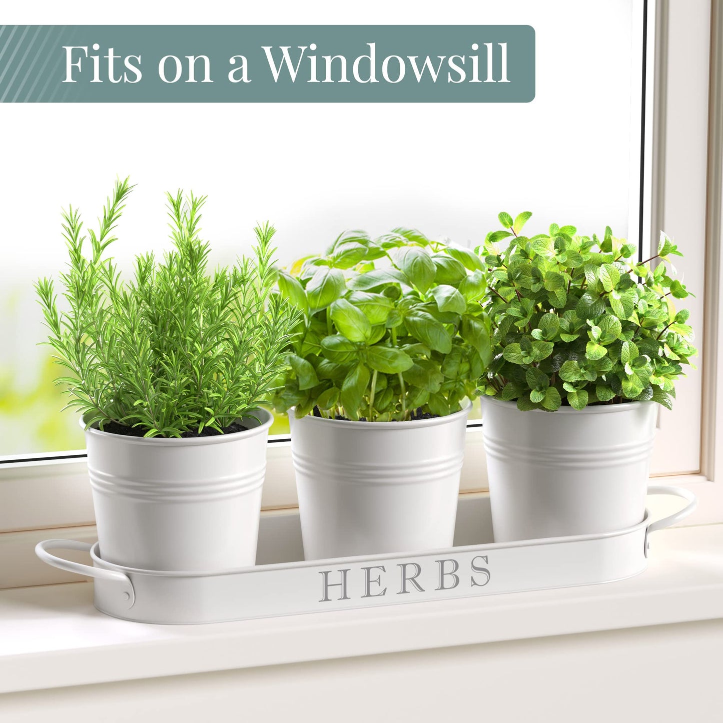 Barnyard Designs Indoor Herb Garden Planter Set with Tray, Metal Windowsill Plant Pots with Drainage for Outdoor or Indoor Plants, Set/3 (Soft Mint)