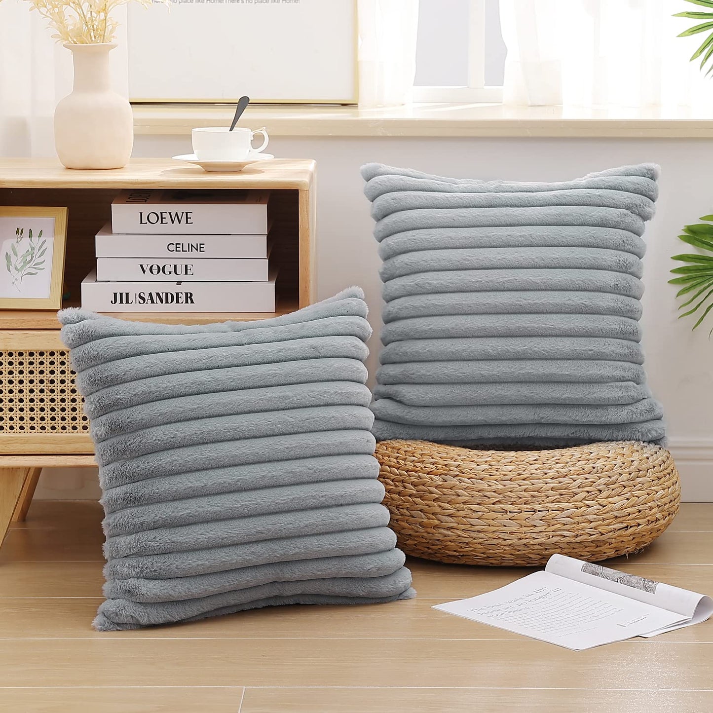 Pallene Faux Fur Plush Christmas Throw Pillow Covers 18x18 Set of 2 - Luxury Soft Fluffy Striped Decorative Pillow Covers for Sofa, Couch, Living Room - Cream White