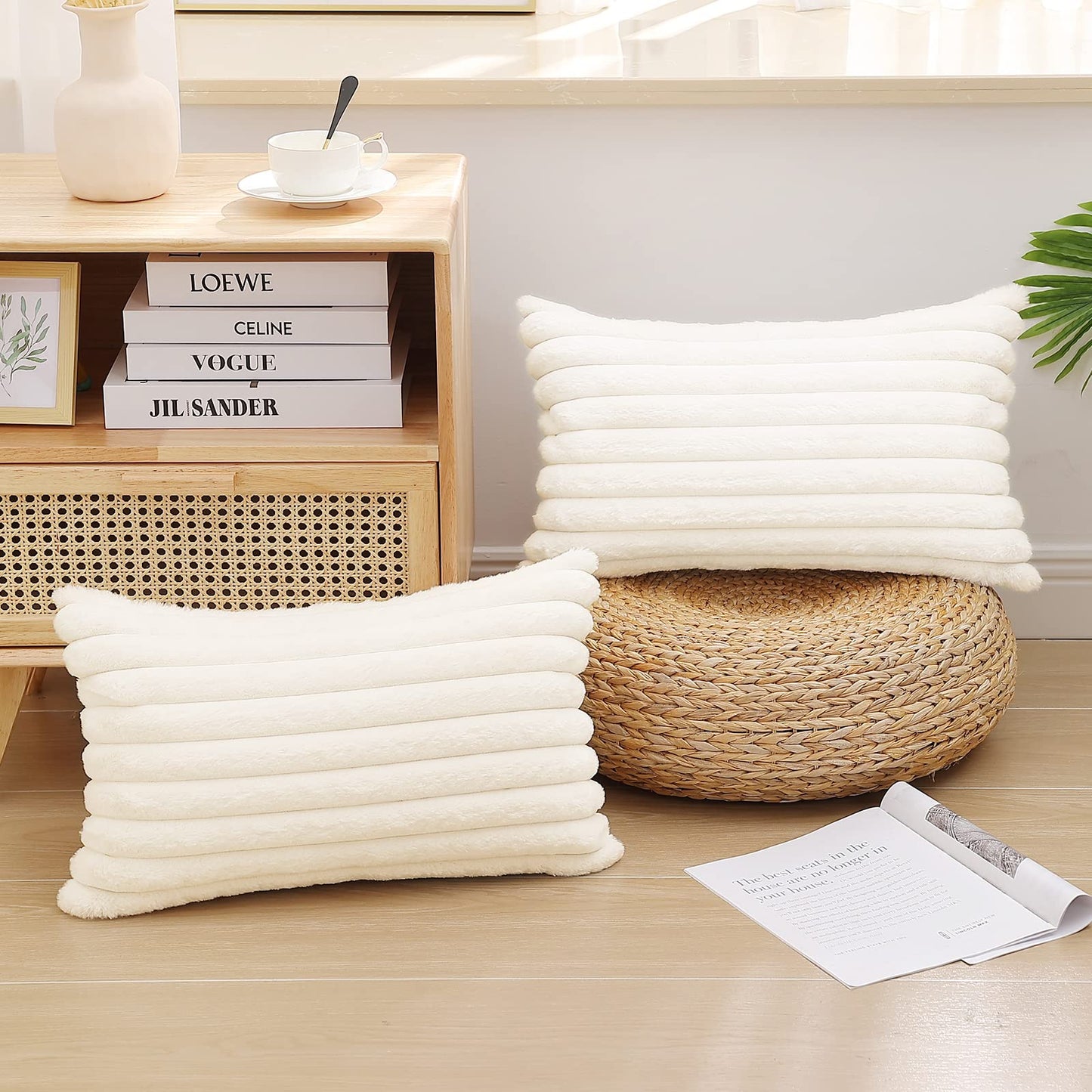 Pallene Faux Fur Plush Christmas Throw Pillow Covers 18x18 Set of 2 - Luxury Soft Fluffy Striped Decorative Pillow Covers for Sofa, Couch, Living Room - Cream White