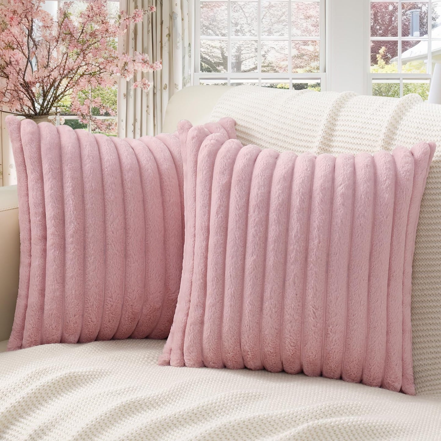 Pallene Faux Fur Plush Christmas Throw Pillow Covers 18x18 Set of 2 - Luxury Soft Fluffy Striped Decorative Pillow Covers for Sofa, Couch, Living Room - Cream White