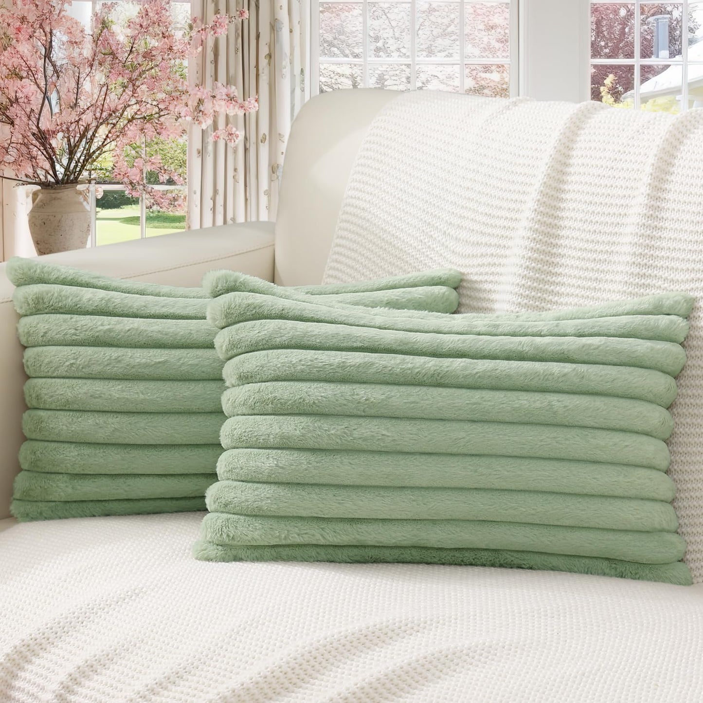 Pallene Faux Fur Plush Christmas Throw Pillow Covers 18x18 Set of 2 - Luxury Soft Fluffy Striped Decorative Pillow Covers for Sofa, Couch, Living Room - Cream White