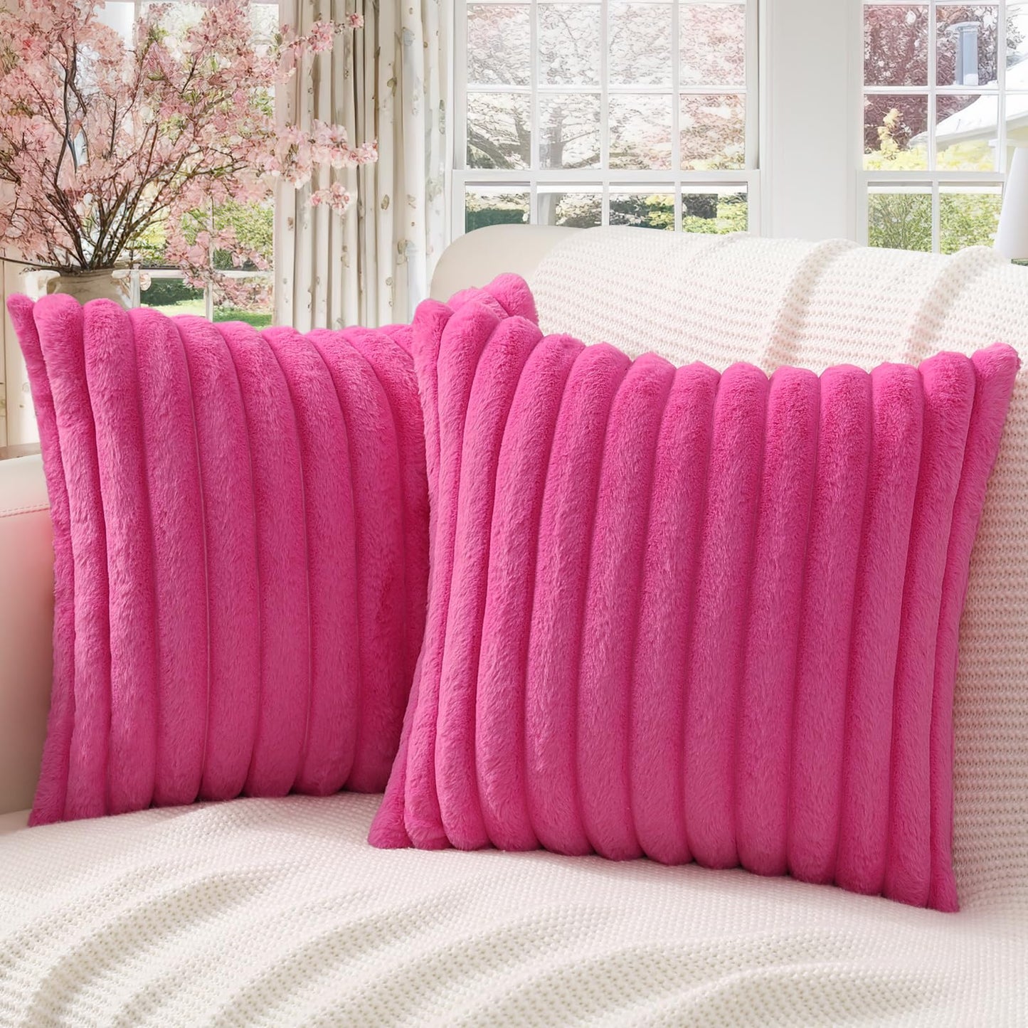 Pallene Faux Fur Plush Christmas Throw Pillow Covers 18x18 Set of 2 - Luxury Soft Fluffy Striped Decorative Pillow Covers for Sofa, Couch, Living Room - Cream White