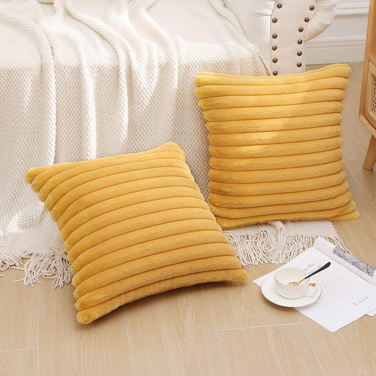 Pallene Faux Fur Plush Christmas Throw Pillow Covers 18x18 Set of 2 - Luxury Soft Fluffy Striped Decorative Pillow Covers for Sofa, Couch, Living Room - Cream White