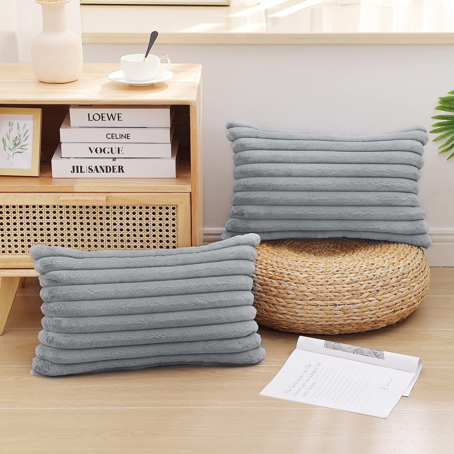 Pallene Faux Fur Plush Christmas Throw Pillow Covers 18x18 Set of 2 - Luxury Soft Fluffy Striped Decorative Pillow Covers for Sofa, Couch, Living Room - Cream White