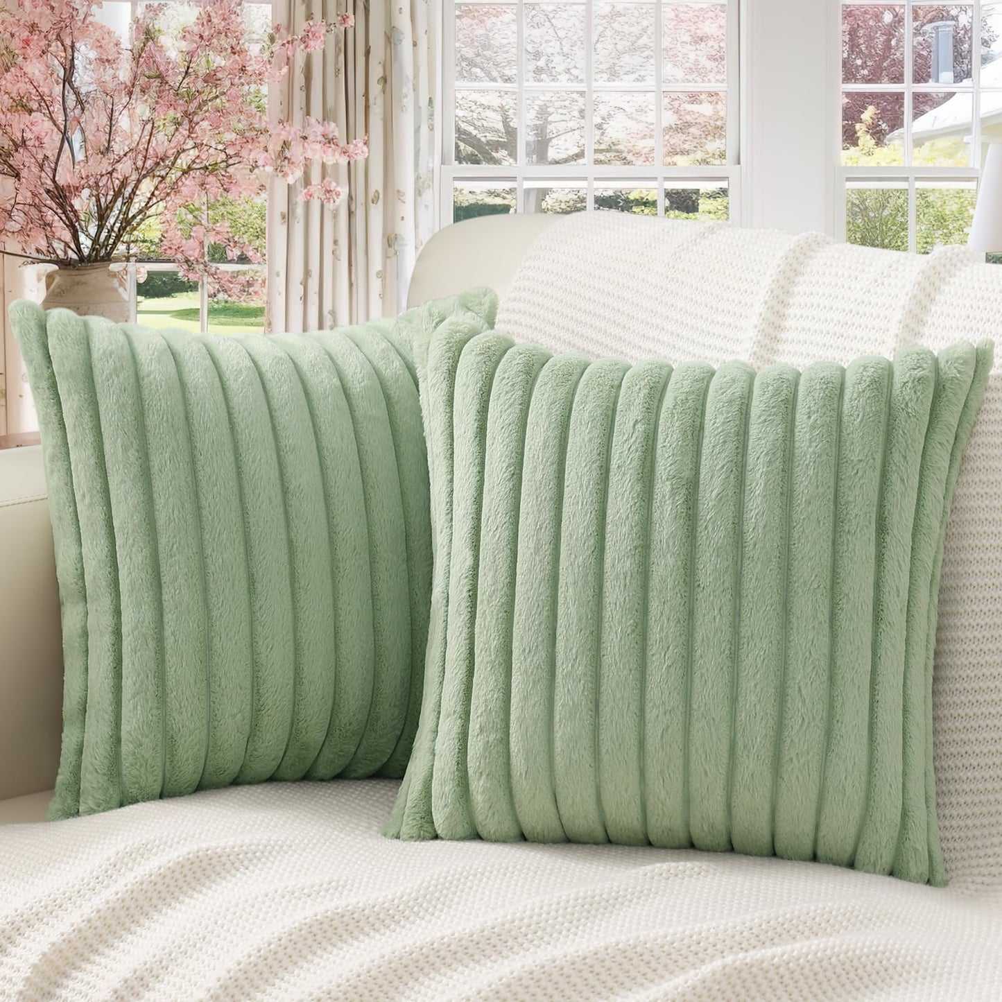 Pallene Faux Fur Plush Christmas Throw Pillow Covers 18x18 Set of 2 - Luxury Soft Fluffy Striped Decorative Pillow Covers for Sofa, Couch, Living Room - Cream White