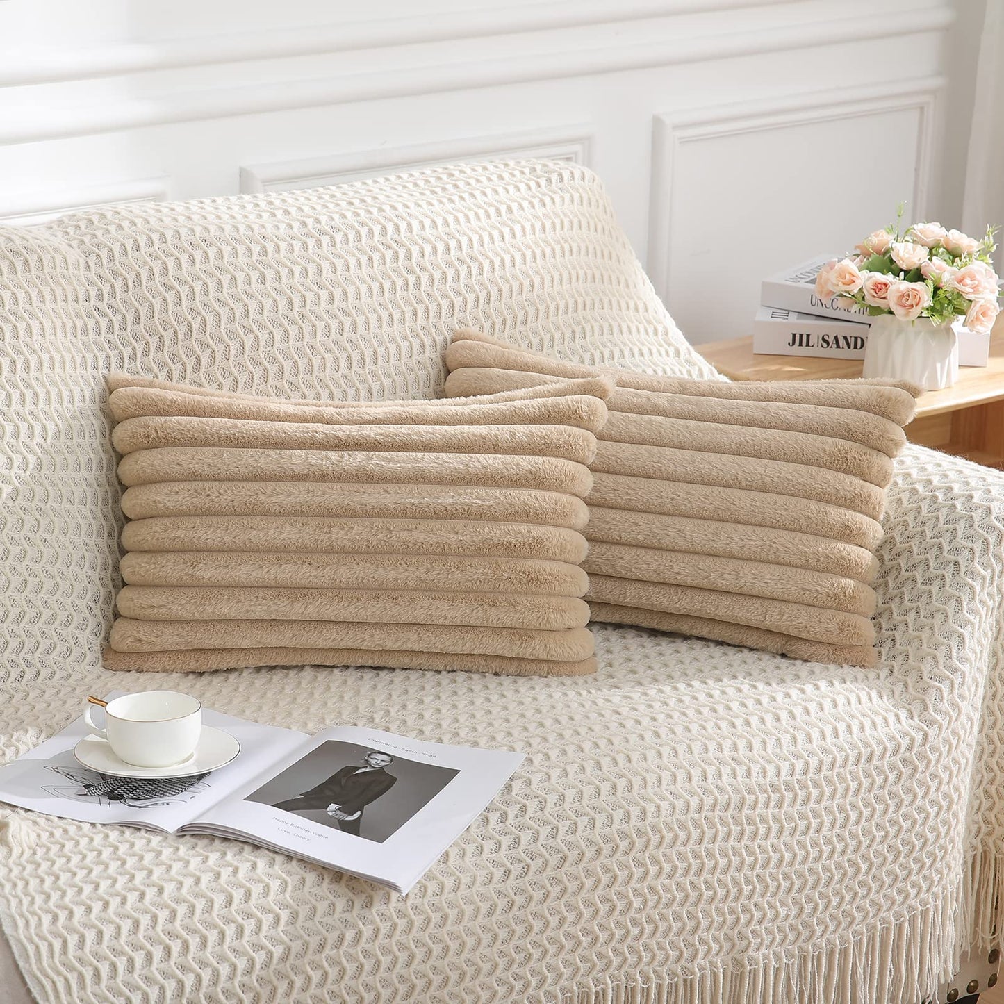 Pallene Faux Fur Plush Christmas Throw Pillow Covers 18x18 Set of 2 - Luxury Soft Fluffy Striped Decorative Pillow Covers for Sofa, Couch, Living Room - Cream White