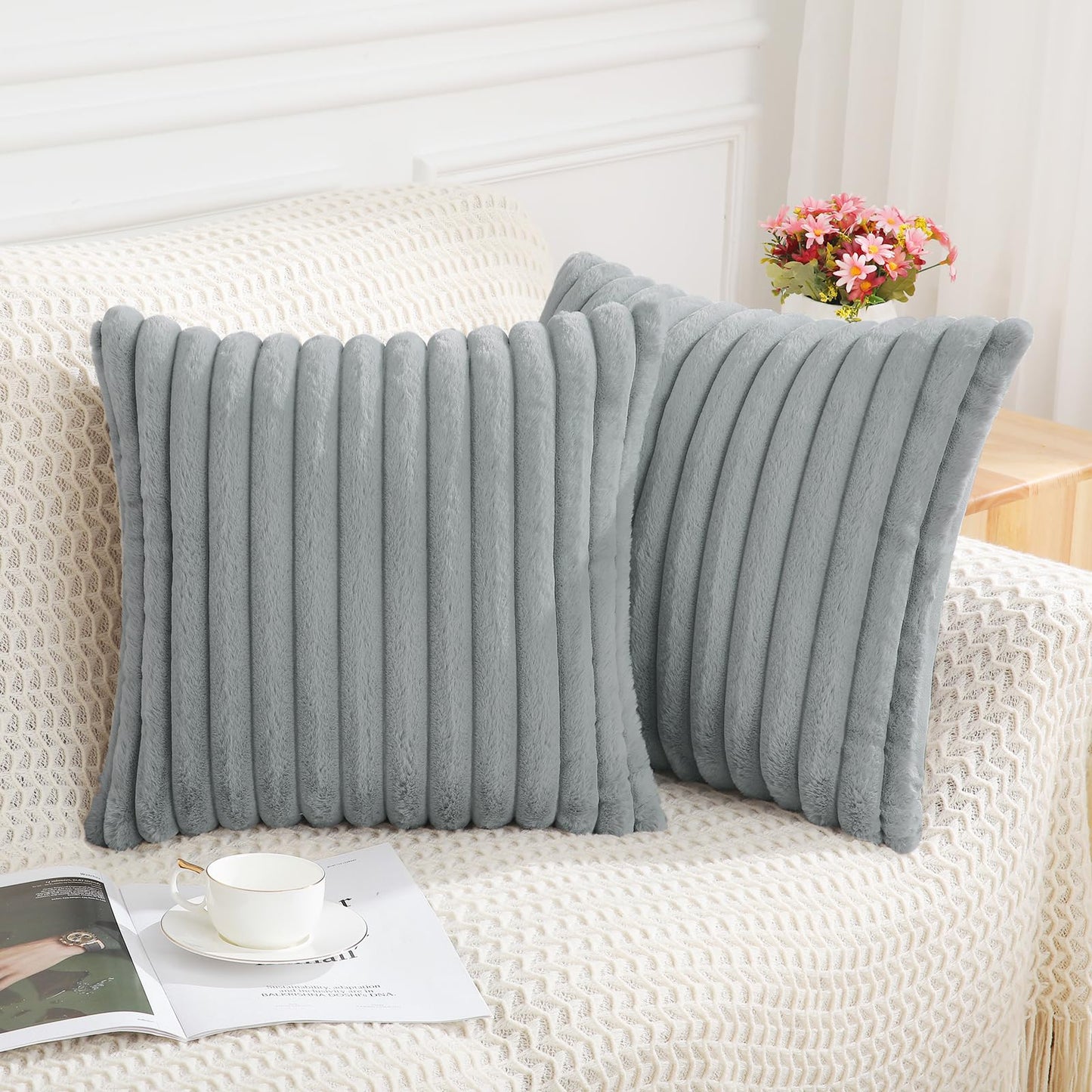 Pallene Faux Fur Plush Christmas Throw Pillow Covers 18x18 Set of 2 - Luxury Soft Fluffy Striped Decorative Pillow Covers for Sofa, Couch, Living Room - Cream White