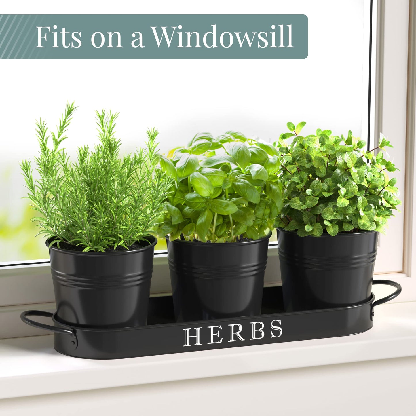 Barnyard Designs Indoor Herb Garden Planter Set with Tray, Metal Windowsill Plant Pots with Drainage for Outdoor or Indoor Plants, Set/3 (Soft Mint)