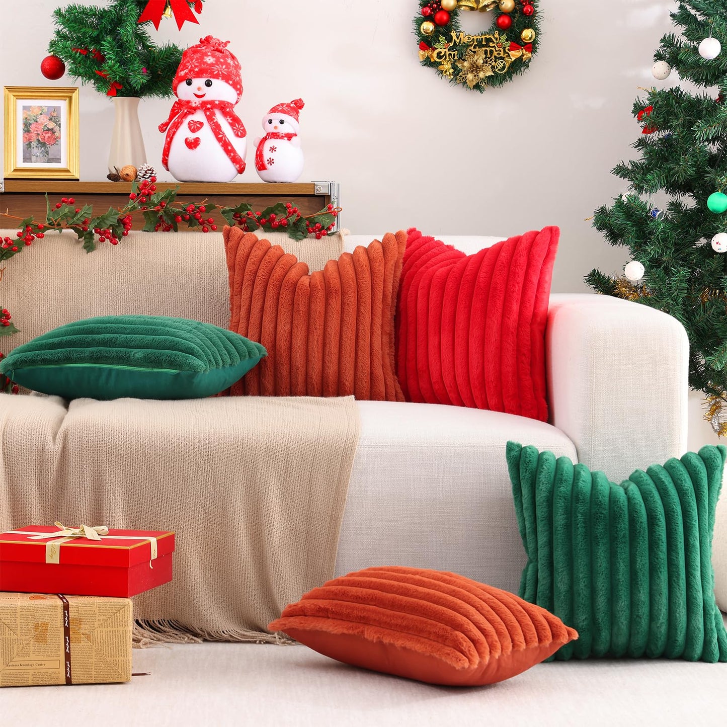 Pallene Faux Fur Plush Christmas Throw Pillow Covers 18x18 Set of 2 - Luxury Soft Fluffy Striped Decorative Pillow Covers for Sofa, Couch, Living Room - Cream White
