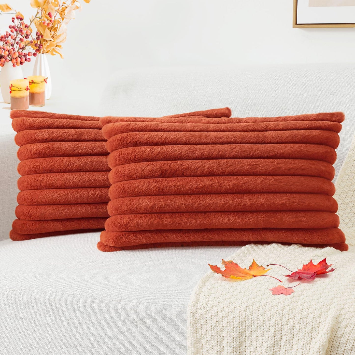 Pallene Faux Fur Plush Christmas Throw Pillow Covers 18x18 Set of 2 - Luxury Soft Fluffy Striped Decorative Pillow Covers for Sofa, Couch, Living Room - Cream White