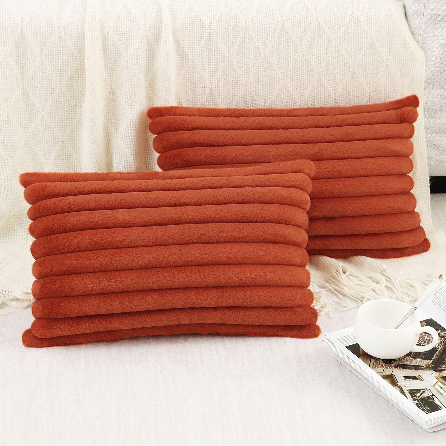 Pallene Faux Fur Plush Christmas Throw Pillow Covers 18x18 Set of 2 - Luxury Soft Fluffy Striped Decorative Pillow Covers for Sofa, Couch, Living Room - Cream White