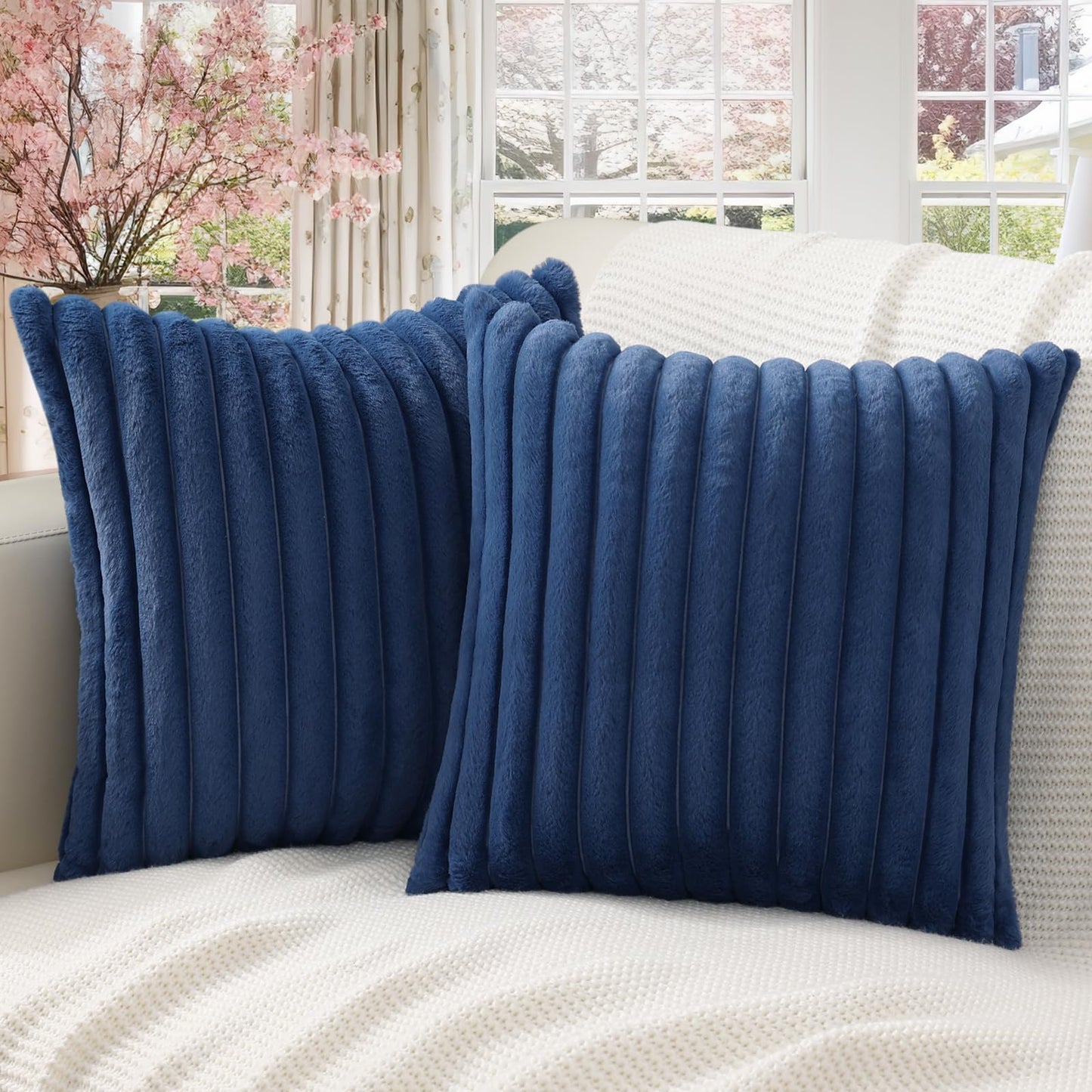 Pallene Faux Fur Plush Christmas Throw Pillow Covers 18x18 Set of 2 - Luxury Soft Fluffy Striped Decorative Pillow Covers for Sofa, Couch, Living Room - Cream White