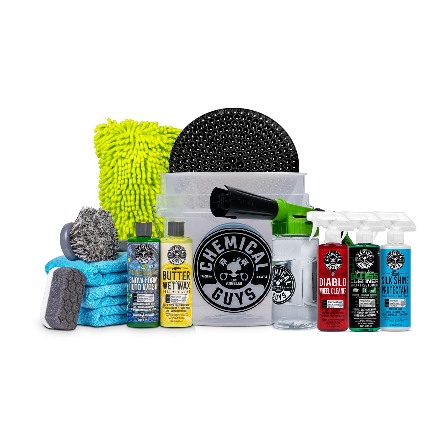 Kit de lavado de coche de 14 piezas Arsenal Builder de Chemical Guys HOL126 con pistola de espuma, cubeta y (5) productos químicos de limpieza para el cuidado del automóvil de 16 onzas líquidas (funciona con manguera de jardín)