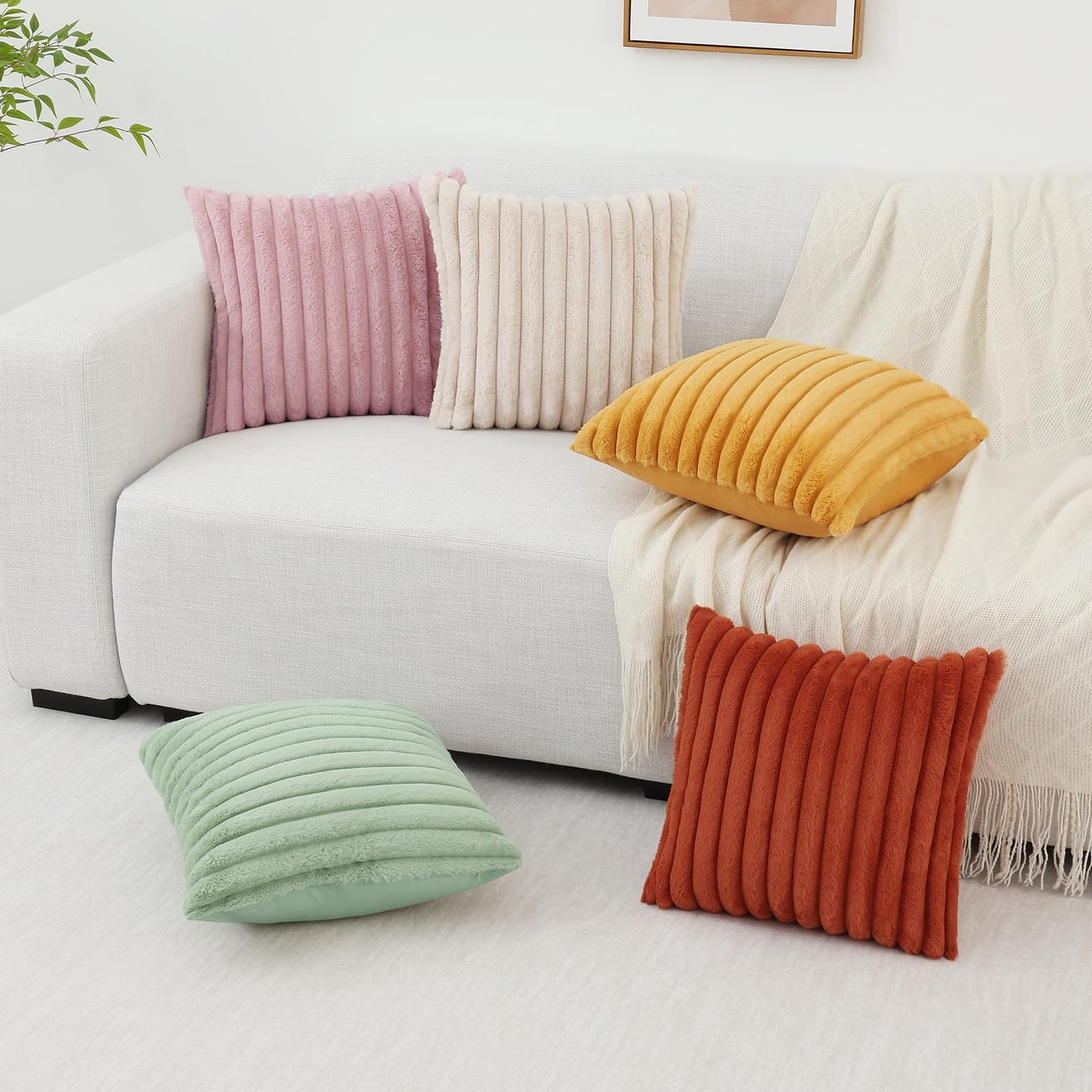 Pallene Faux Fur Plush Christmas Throw Pillow Covers 18x18 Set of 2 - Luxury Soft Fluffy Striped Decorative Pillow Covers for Sofa, Couch, Living Room - Cream White