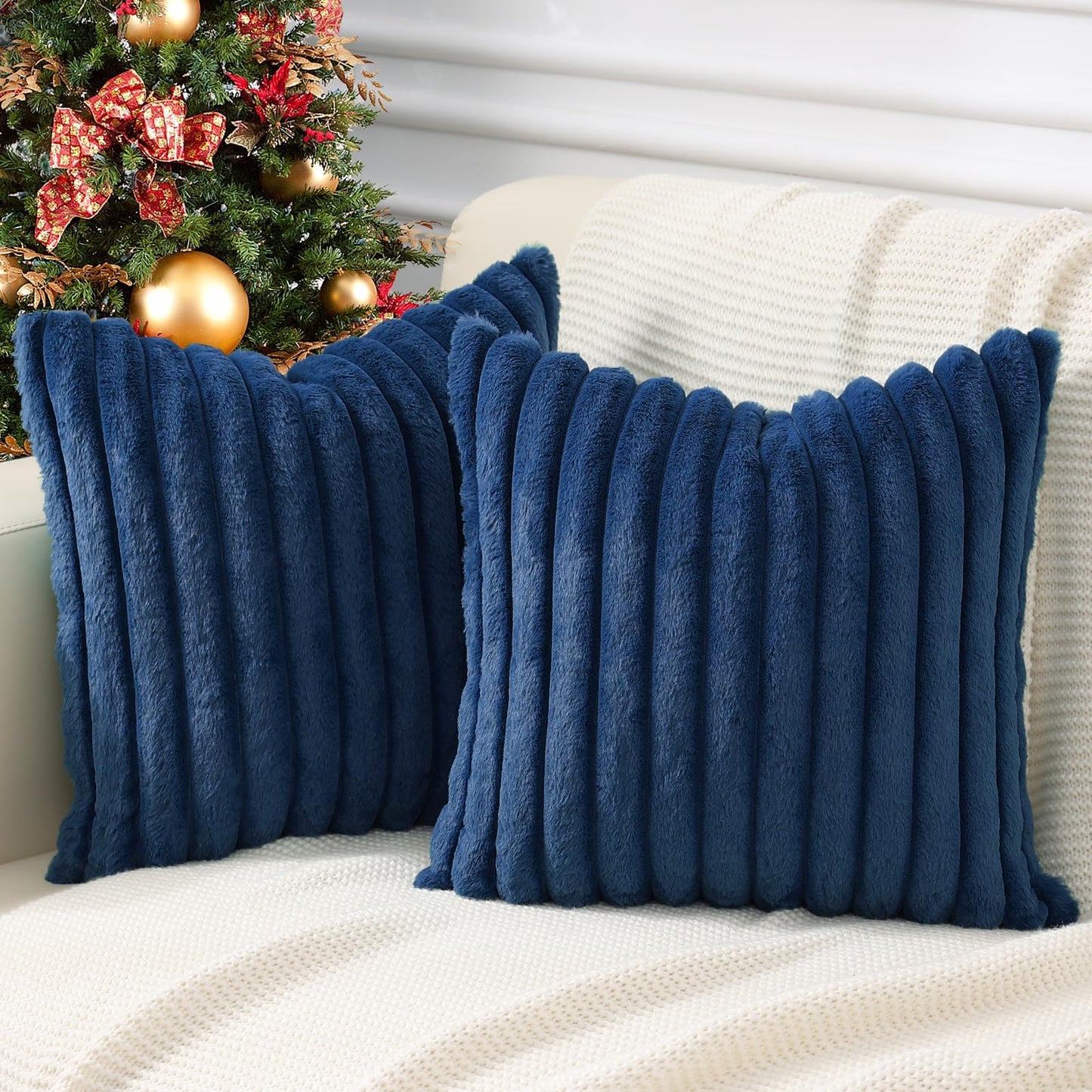 Pallene Faux Fur Plush Christmas Throw Pillow Covers 18x18 Set of 2 - Luxury Soft Fluffy Striped Decorative Pillow Covers for Sofa, Couch, Living Room - Cream White