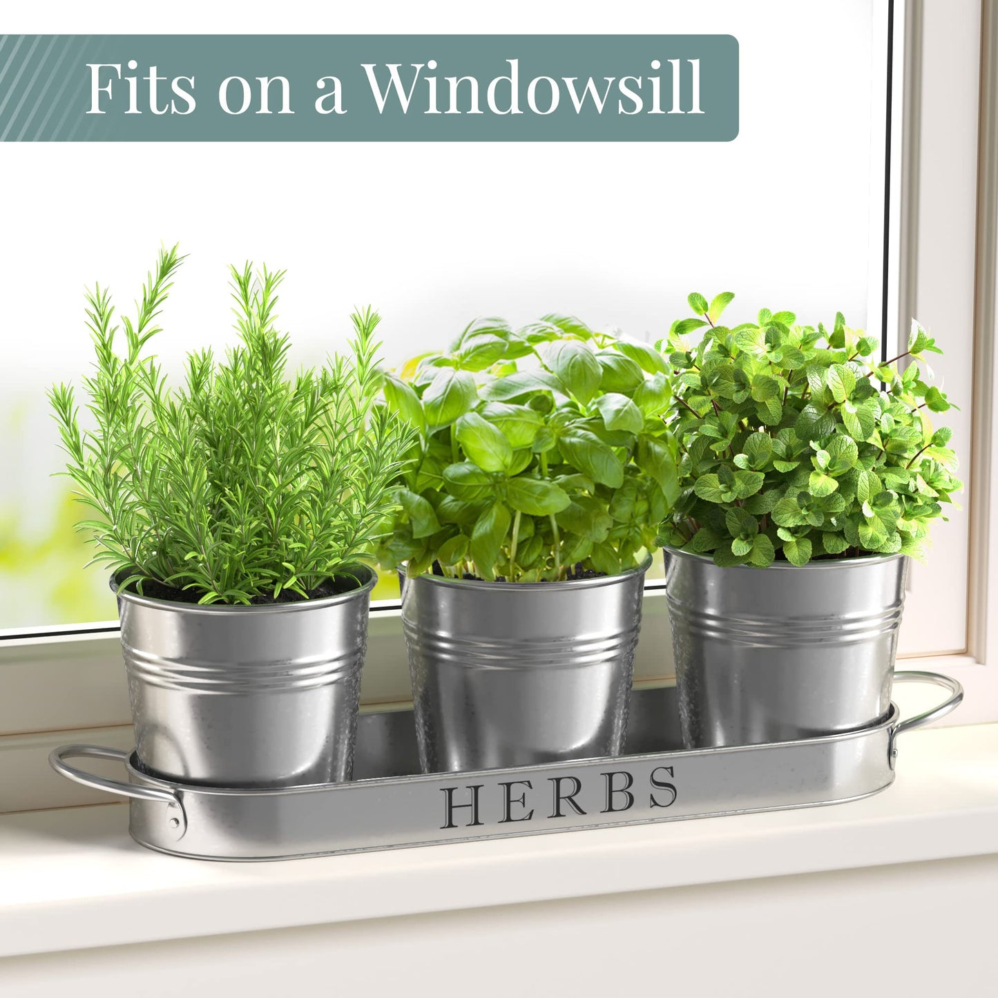 Barnyard Designs Indoor Herb Garden Planter Set with Tray, Metal Windowsill Plant Pots with Drainage for Outdoor or Indoor Plants, Set/3 (Soft Mint)